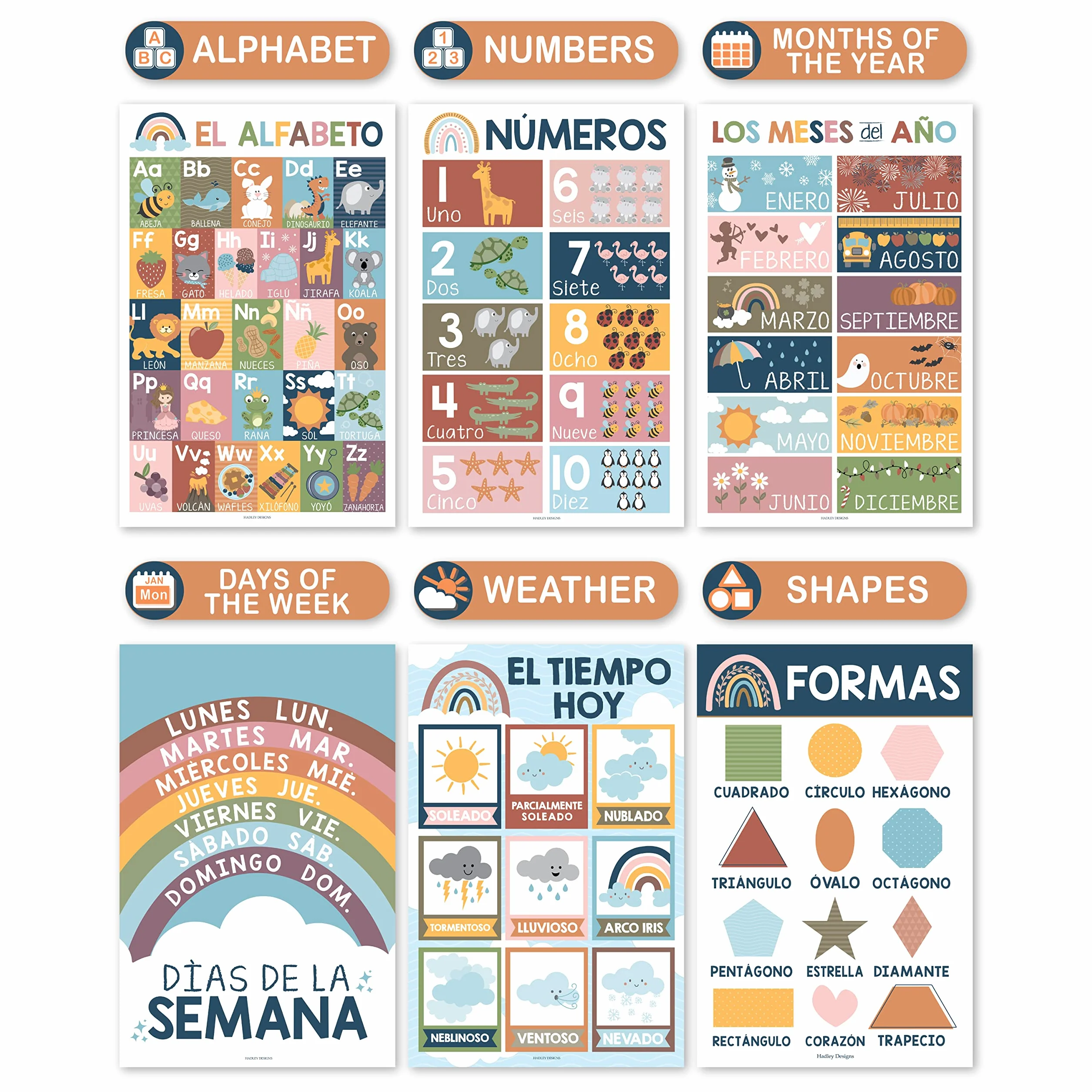 Hadley Designs Decoraciones de aula española: 12 pósteres españoles para el aula primaria, Abecedario para niños en español, pósteres educativos bilingües laminados bohemios de 11 x 17 pulgadas