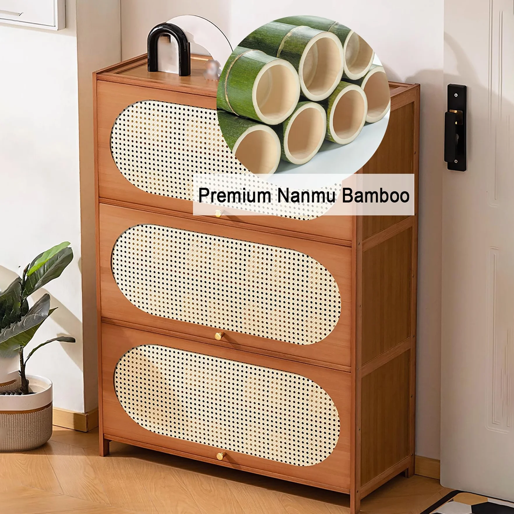 Zapatero Armario 7 Niveles Puertas Ratán 60×106cm Organizador Zapatos Rústico