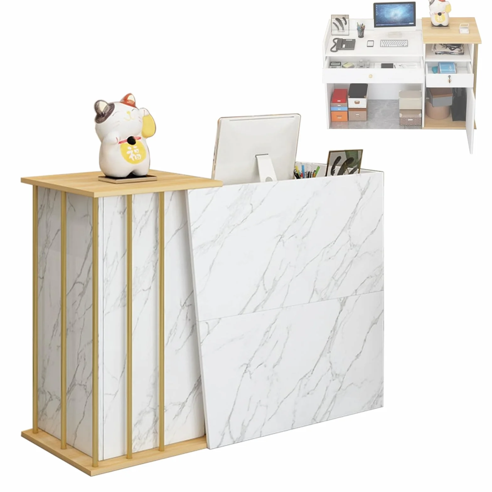 Mostrador Recepción, Mostradores Para Tiendas, Mostradores Recepcion, Disponible en 100/120/140×40×90 cm, Acabados en Blanco Cálido, Blanco Mármol o Gris Hierro(Size:100x40x90cm,Color:Blanco Mármol)