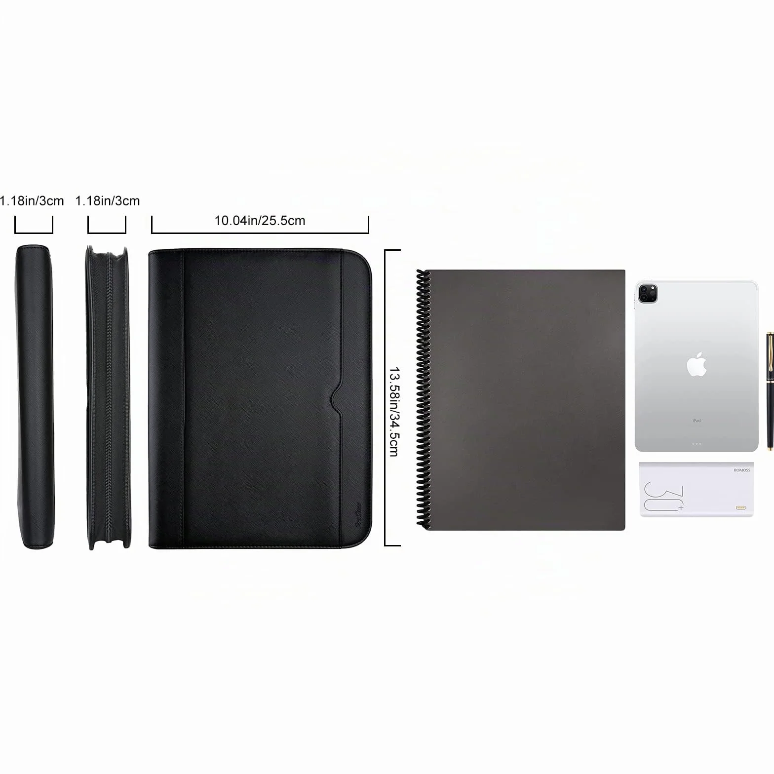 ProCase Portafolio Grande con Cremallera, Portacuaderno Profesional Organiza Documento/Tarjetas/Plumas, Bolsillo de Tableta y Móvil Carpeta de Cuaderno de Notas - Negro