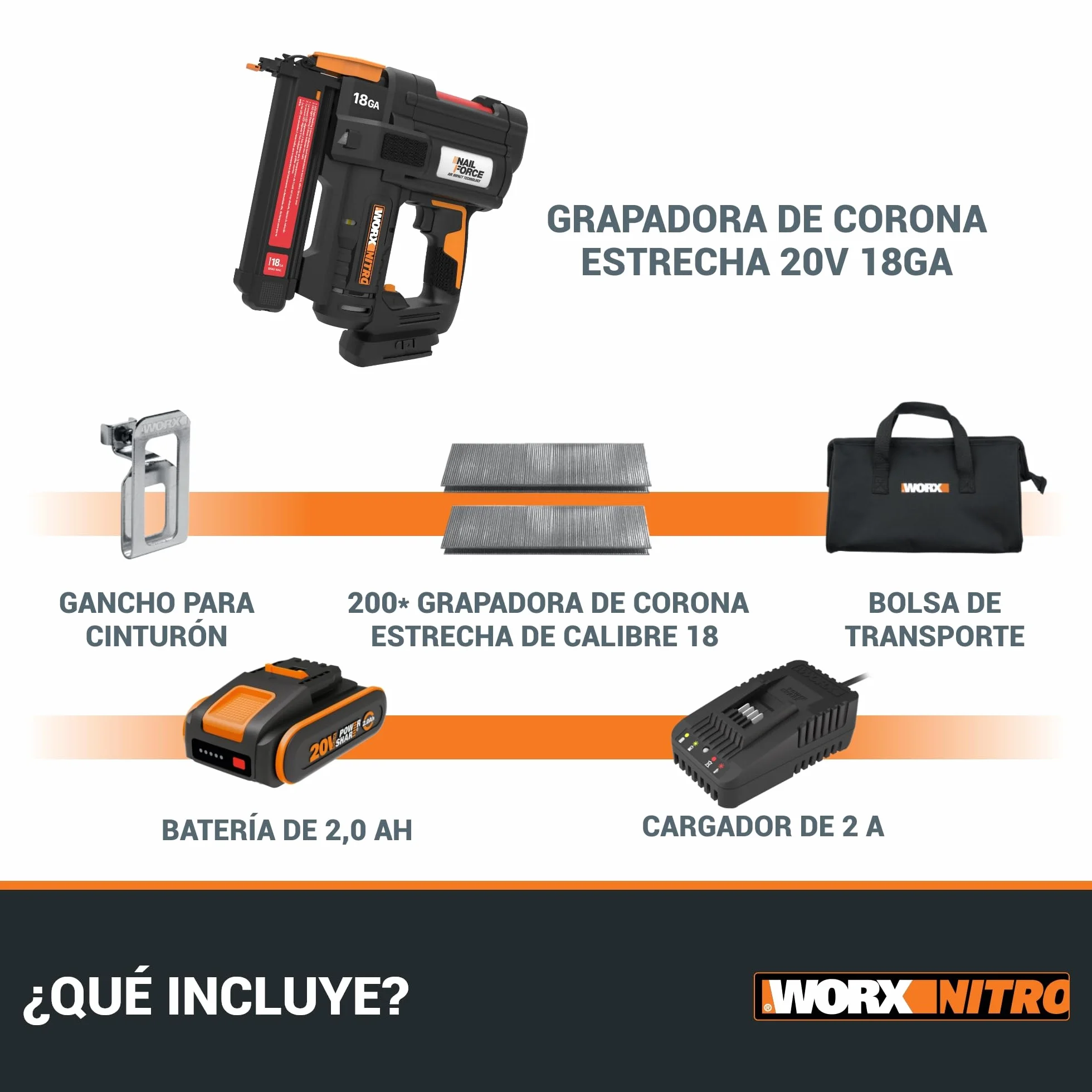 WORX WX844 Nitro – Grapadora eléctrica inalámbrica 20 V – 2 Ah – Dispara hasta 80 grapas por minuto – Desbloqueo sin herramientas – (incluye batería y cargador| 200 grapas 18 GA| gancho de cinturón)