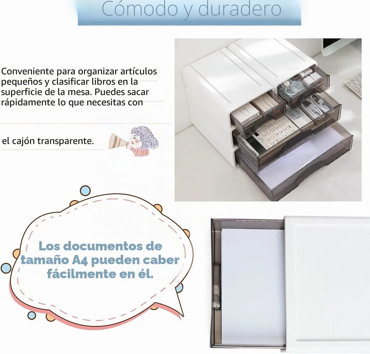 Organizador de escritorio apilable 3 niveles 4 cajones almacenamiento