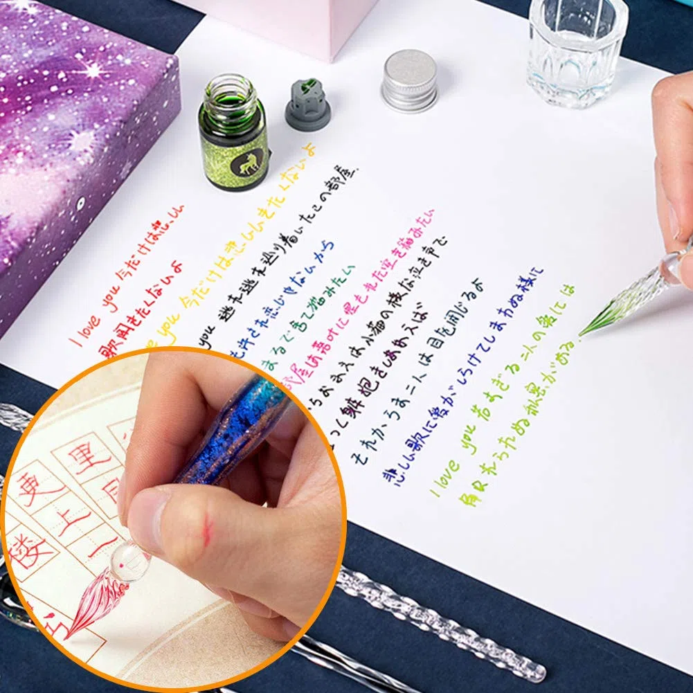 AXEARTE Juego de bolígrafos de caligrafía de cristal, 18 piezas de 14 tintas de colores, soporte para bolígrafos, taza de limpieza, 2 bolígrafos de cristal para arte, escritura, dibujo, firmas, regalo