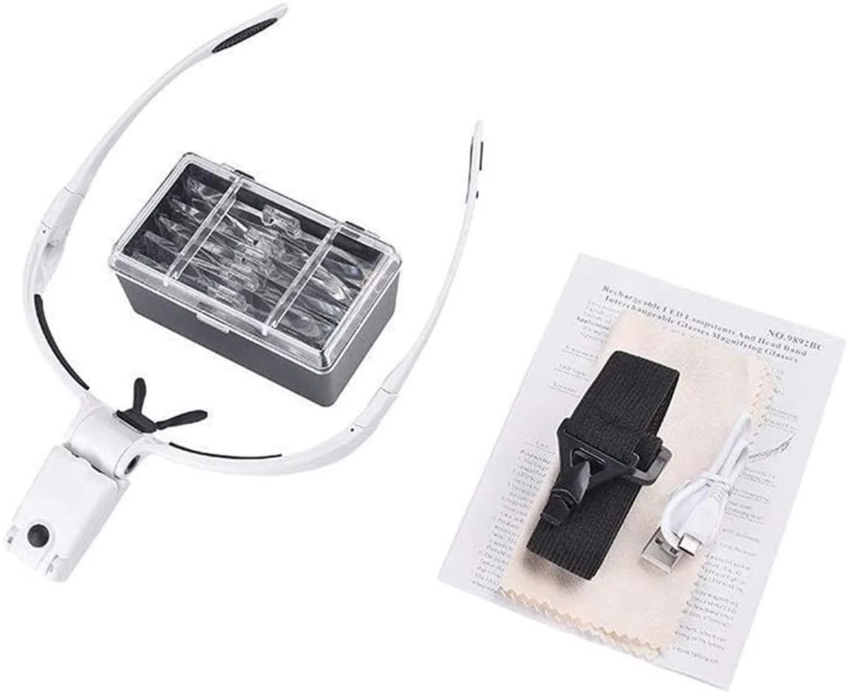 Lupa De Diadema, Gafas De Aumento con Luz para La Cabeza, Lupa De Diadema con Soporte para Gafas con Luz, Manecillas Intercambiables para Lectura, 5 Lentes Reemplazables.