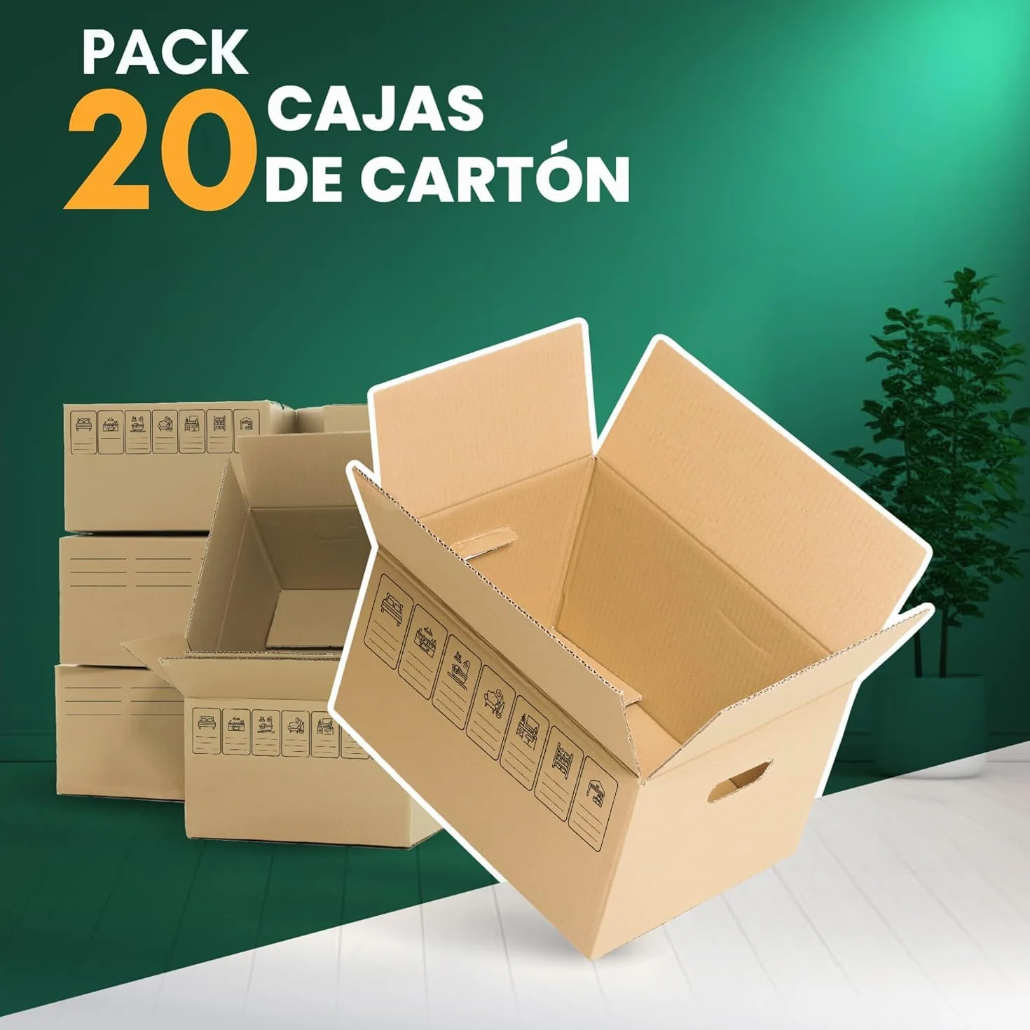 GROWMANIA Pack 20 Cajas de Cartón 50 x 30 x 30 | Cajas Ultra Resistentes para Mudanza y Almacenaje con Iconos Identificativos y Asas Fácil Transporte Marron | Aptas para Envíos