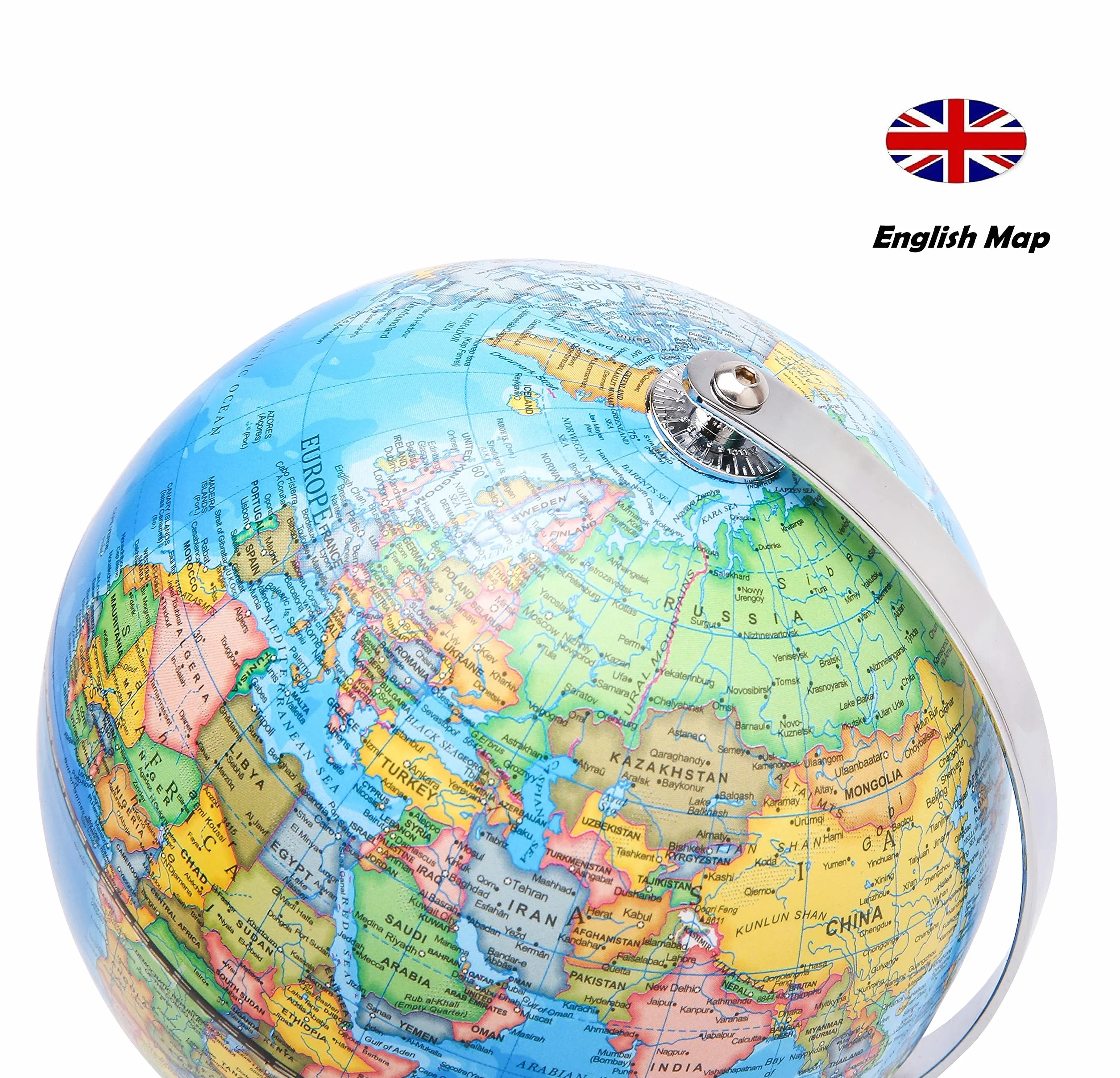 Exerz Globo Terráqueo 20cm - Mapa Político en Inglés - Decoración Educativa y Moderna para Escritorio - Base de Metal (Azul)