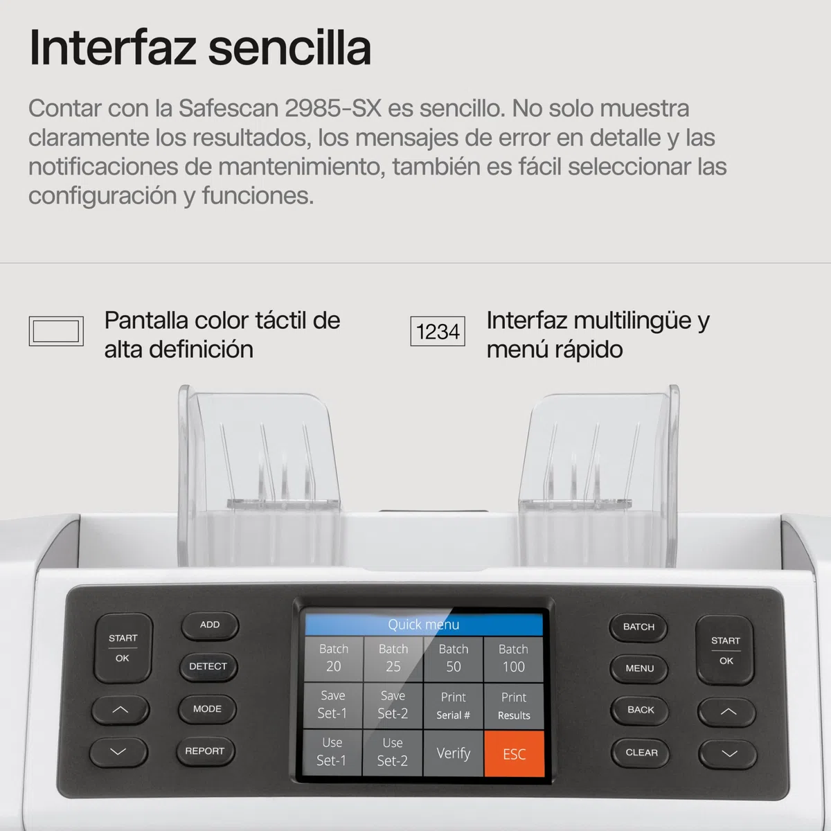Safescan 2985-SX Contadora de billetes cuenta el valor y clasifica billetes mezclados - Contadora detectora de billetes falsos en 7 puntos - Máquina para contar billetes con opciones de clasificación