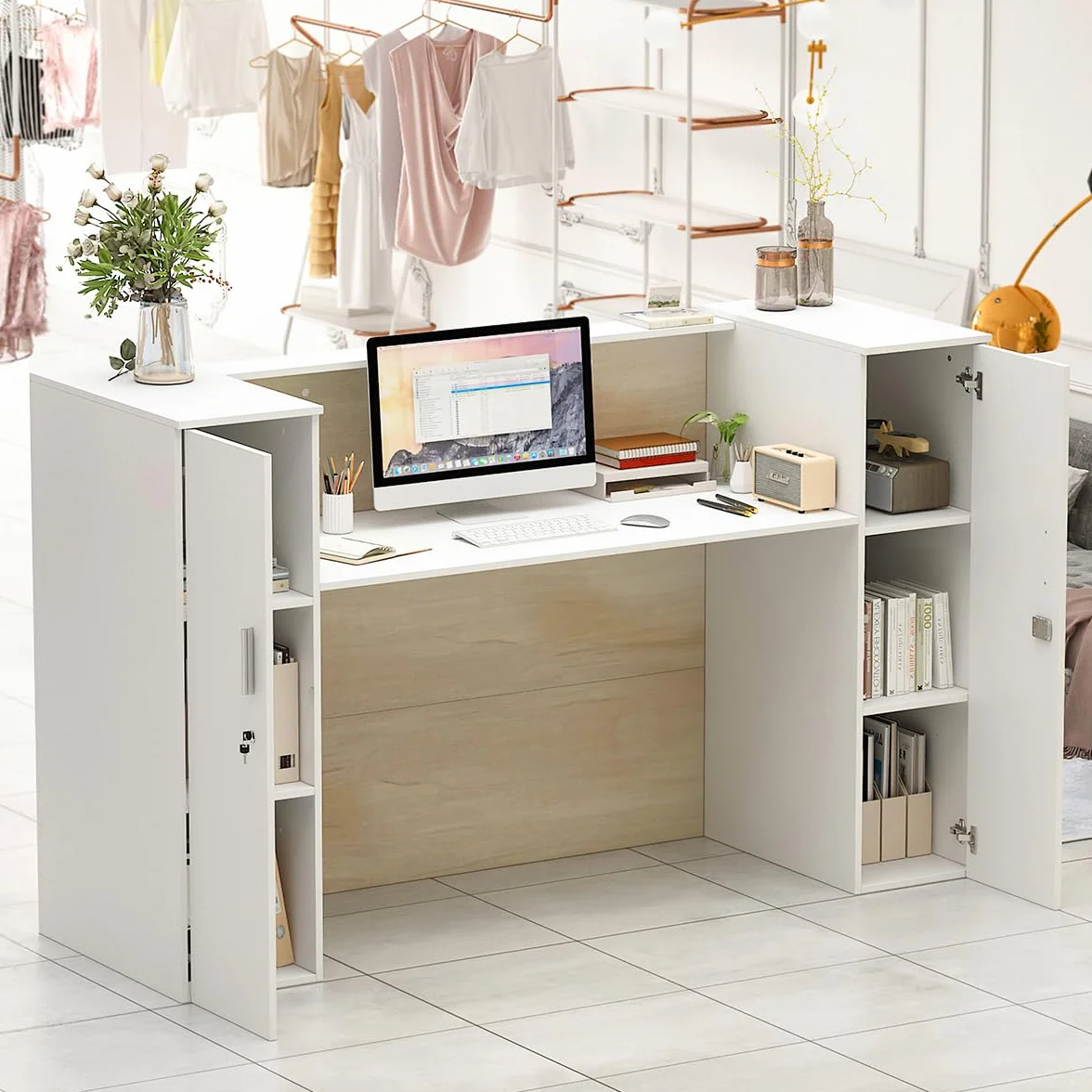Mueble Recepción, Mostradores de Recepción Grandes, Mostradores para Tiendas con Estantes Ajustables, Recepción Mueble, Madera +Blanco, 180 X 60 X 110CM, MDF