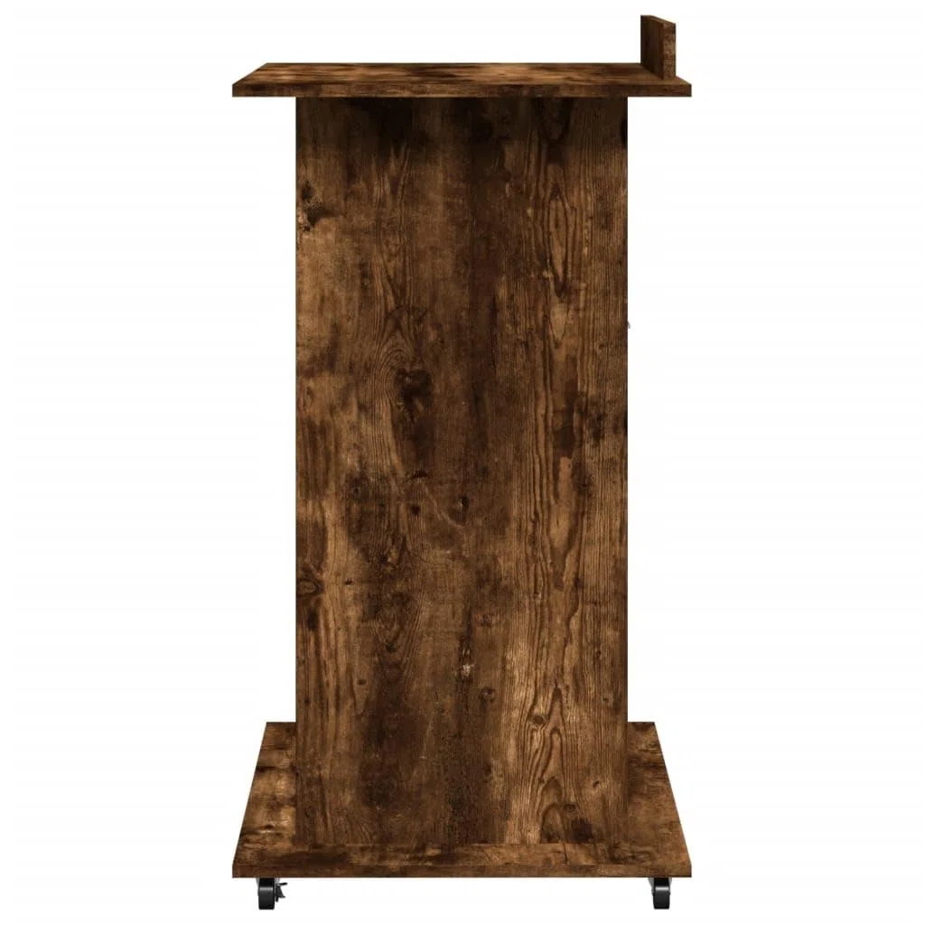 Atril con ruedas y cajón, madera de roble ahumado, 55 x 55 x 107 cm, placa superior inclinable, 2 compartimentos, ruedas con bloqueo, para oficina, estudio, presentaciones
