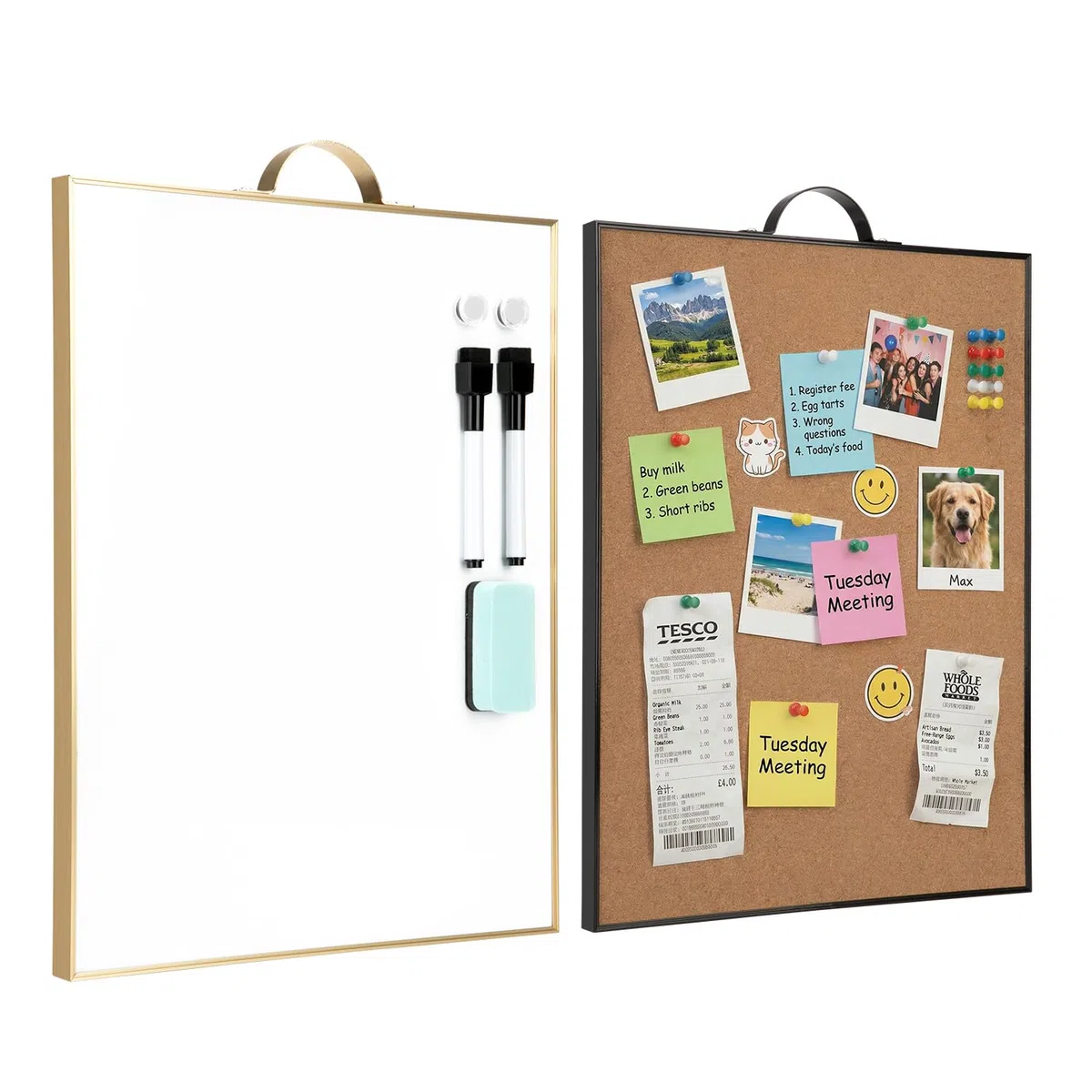 Combo de pizarra blanca pequeña de corcho para pared, juego de 2 pizarras, 24 x 16 pulgadas en total | Mini tablero de corcho magnético con marco de aluminio portátil con asa para escuela, oficina, hogar