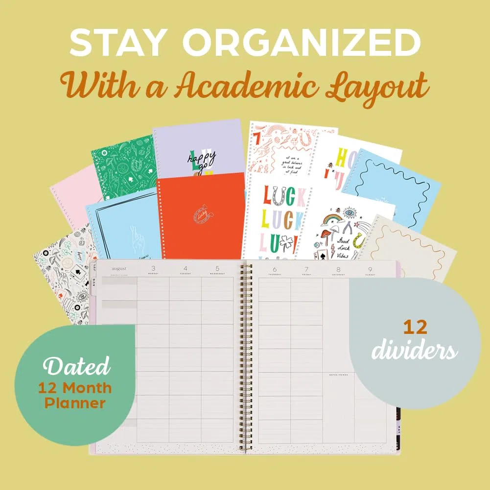 Organizado por Happy Planner - Agenda de doble bucle con fecha de 12 meses de julio de 2026 a junio de 2027, tamaño grande, 8.5 x 11 pulgadas, diseño académico, día de la suerte
