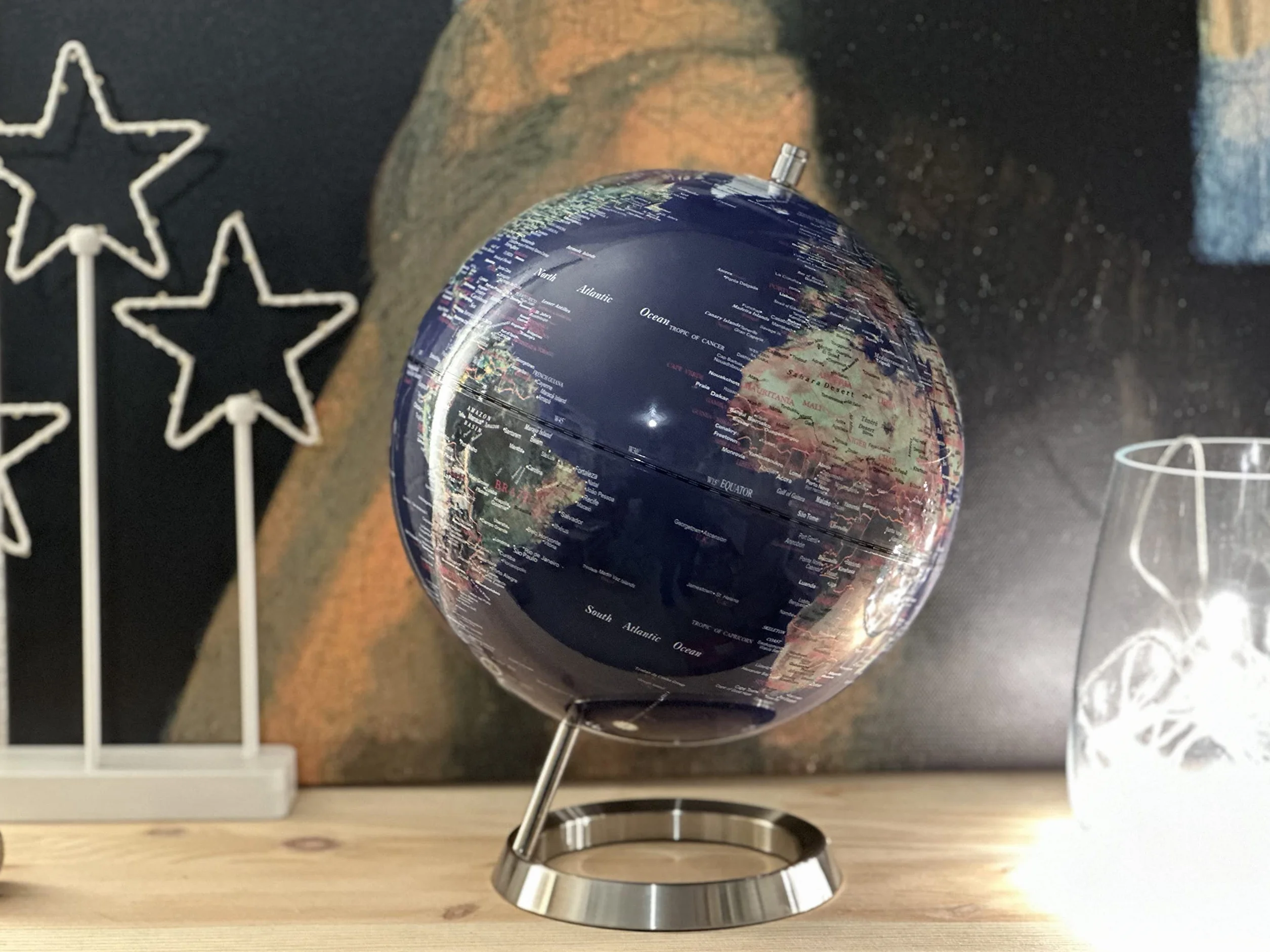 Exerz 25cm Globo Terráqueo - en Inglés - Decoración de escritorio educativa/geográfica/moderna - Con una base de metal (25cm Azúl Marino)