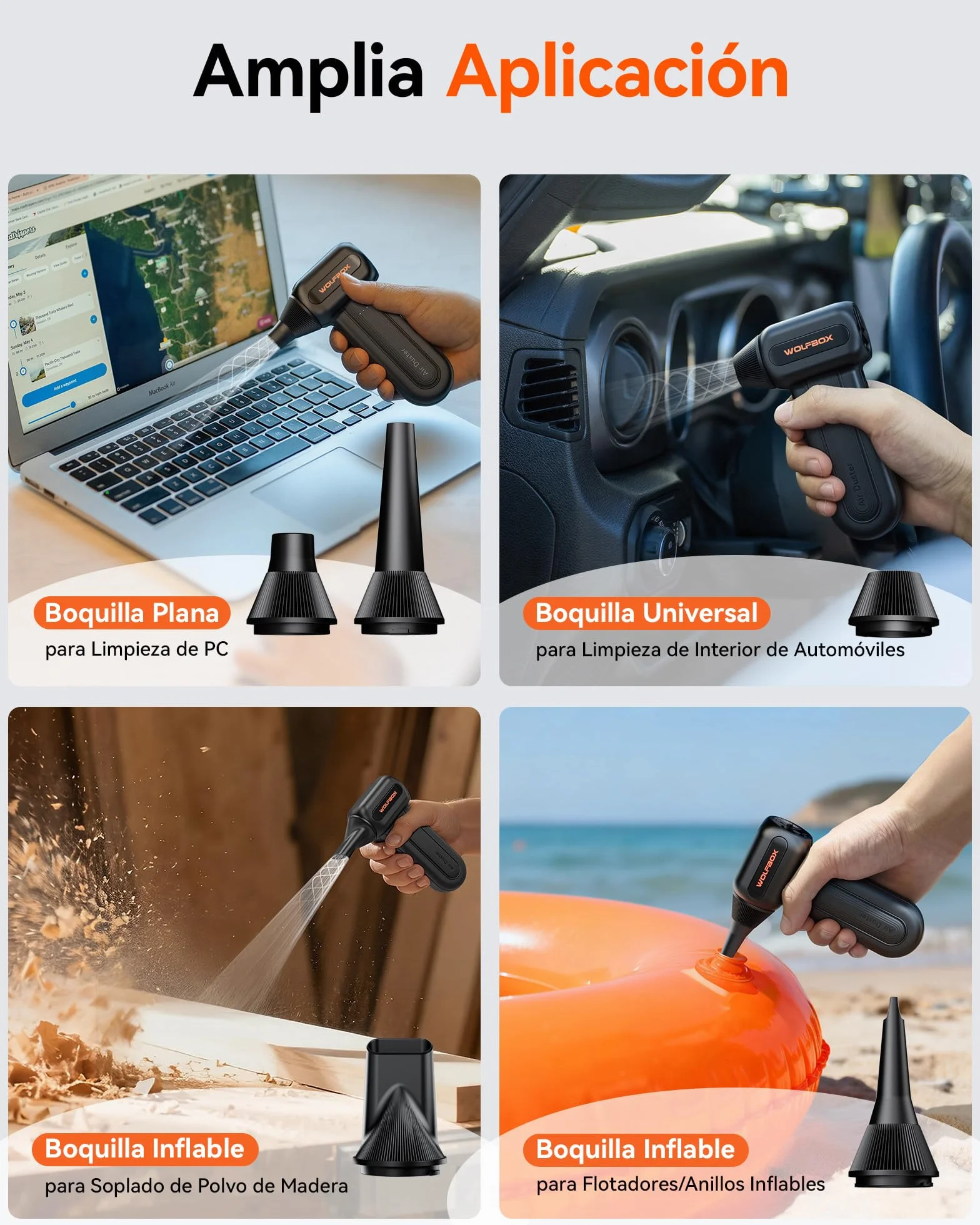 WOLFBOX MF60 Soplador de Aire Comprimido 110 000 RPM, Air Duster Inalámbrico Recargable, 3 Velocidades, Limpieza Potente para PC, Teclado, Ordenador y Coche, con 5 Boquillas