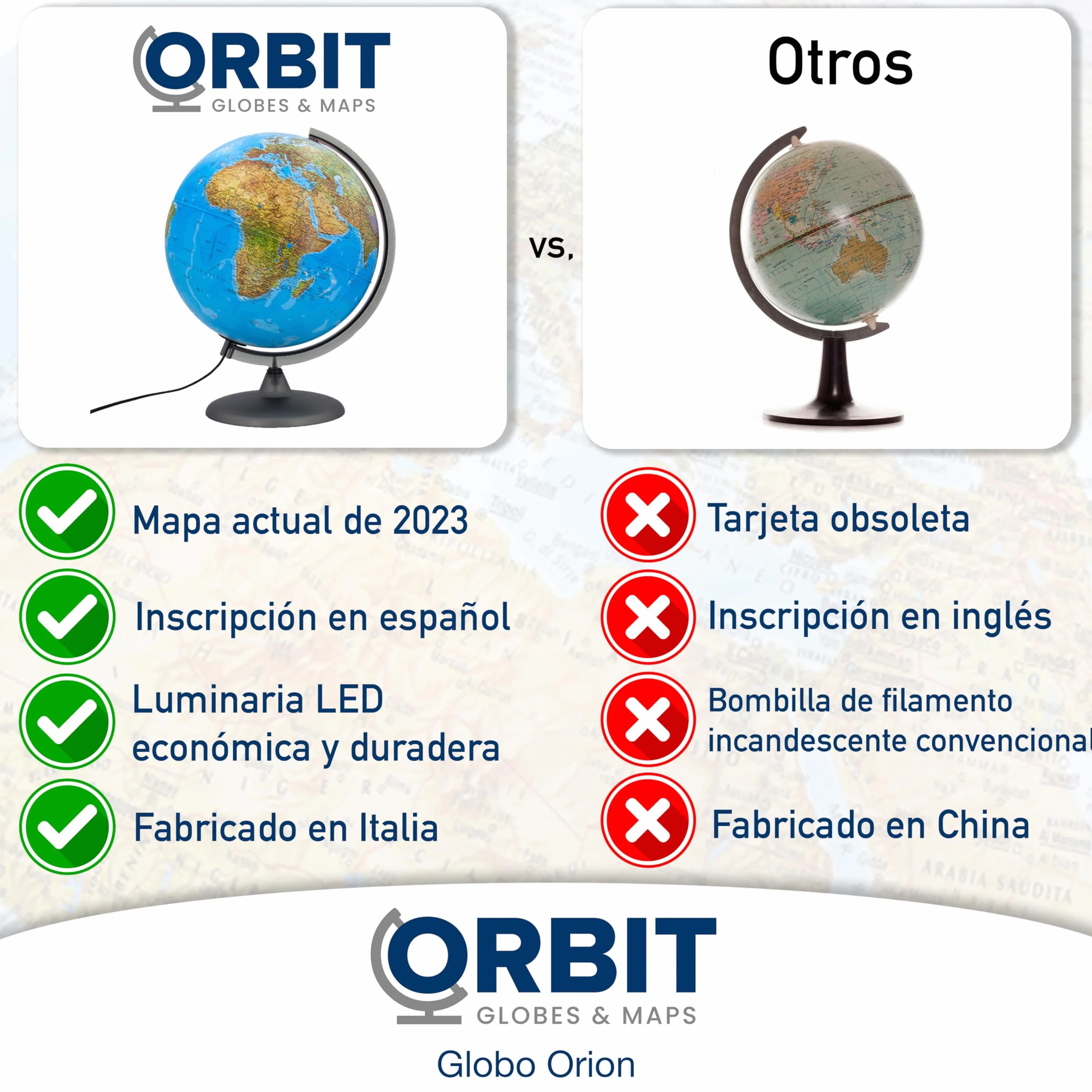 ORBIT GLOBES & MAPS - Globo terráqueo iluminado - globo terráqueo de 30 cm con base estable, imagen del mapa físico/político 2023 con luz LED, imagen del mapa espana actual