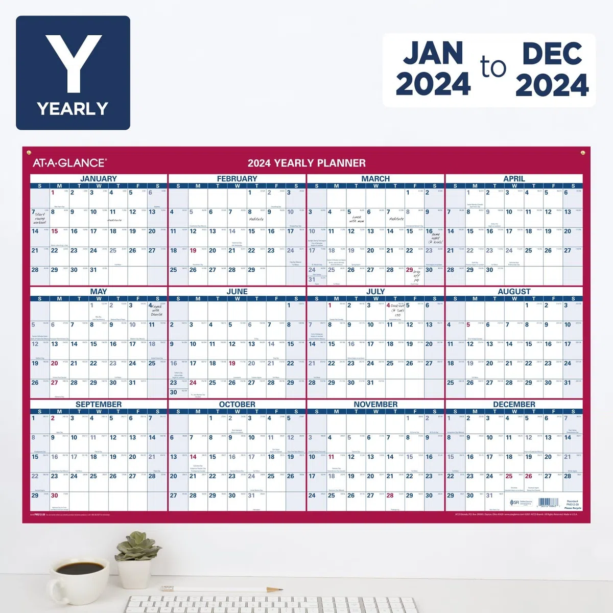 AT-A-GLANCE Calendario de pared de papel 2024, 24 x 36 pulgadas, extragrande, anual, reversible, vertical/horizontal (PM2122824)