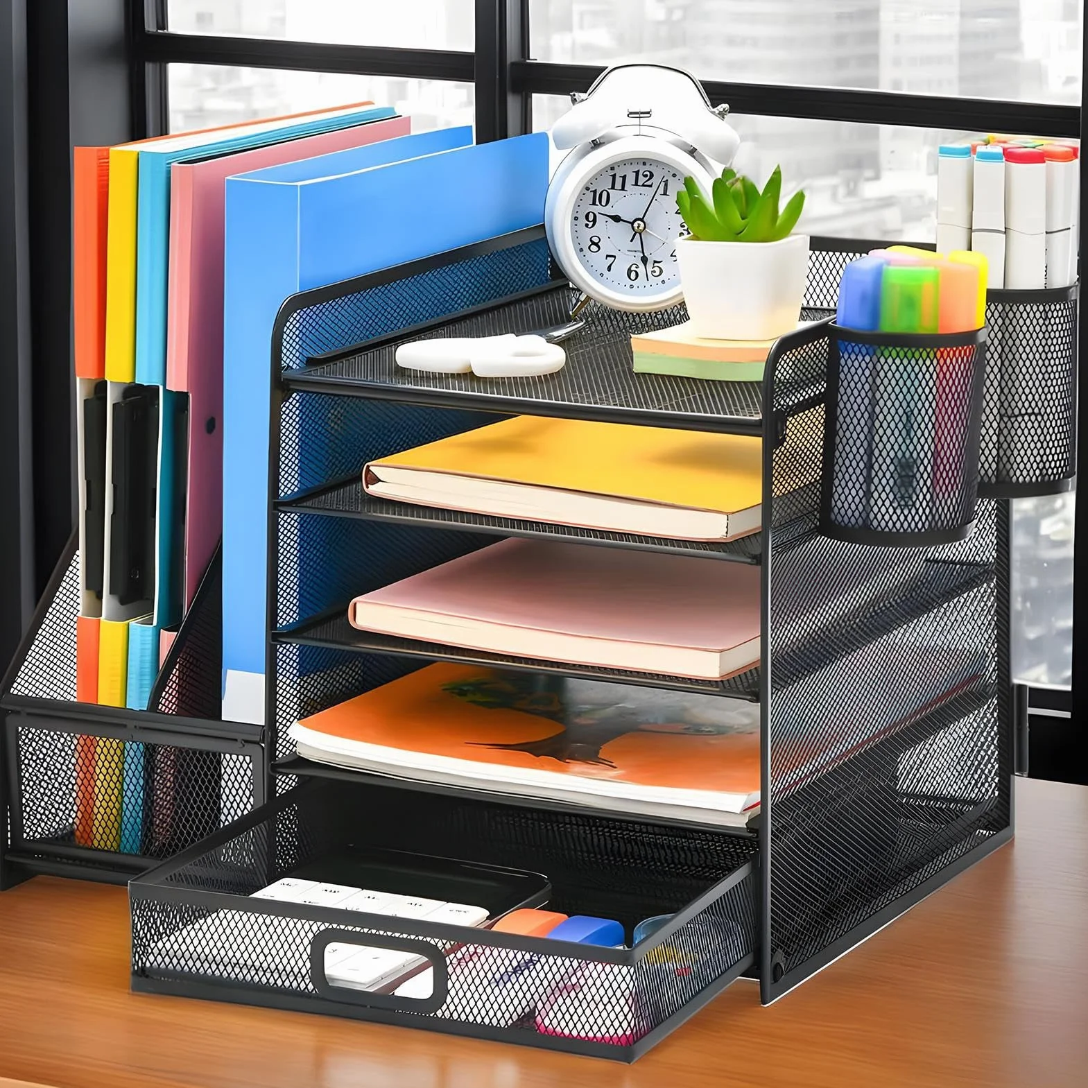 Bandeja de escritorio de malla organizadora - 35x28x30,5cm estante de archivo de 5 capas, soporte de papelería de oficina, papelería de almacenamiento de múltiples capas | Libros de escritorio de