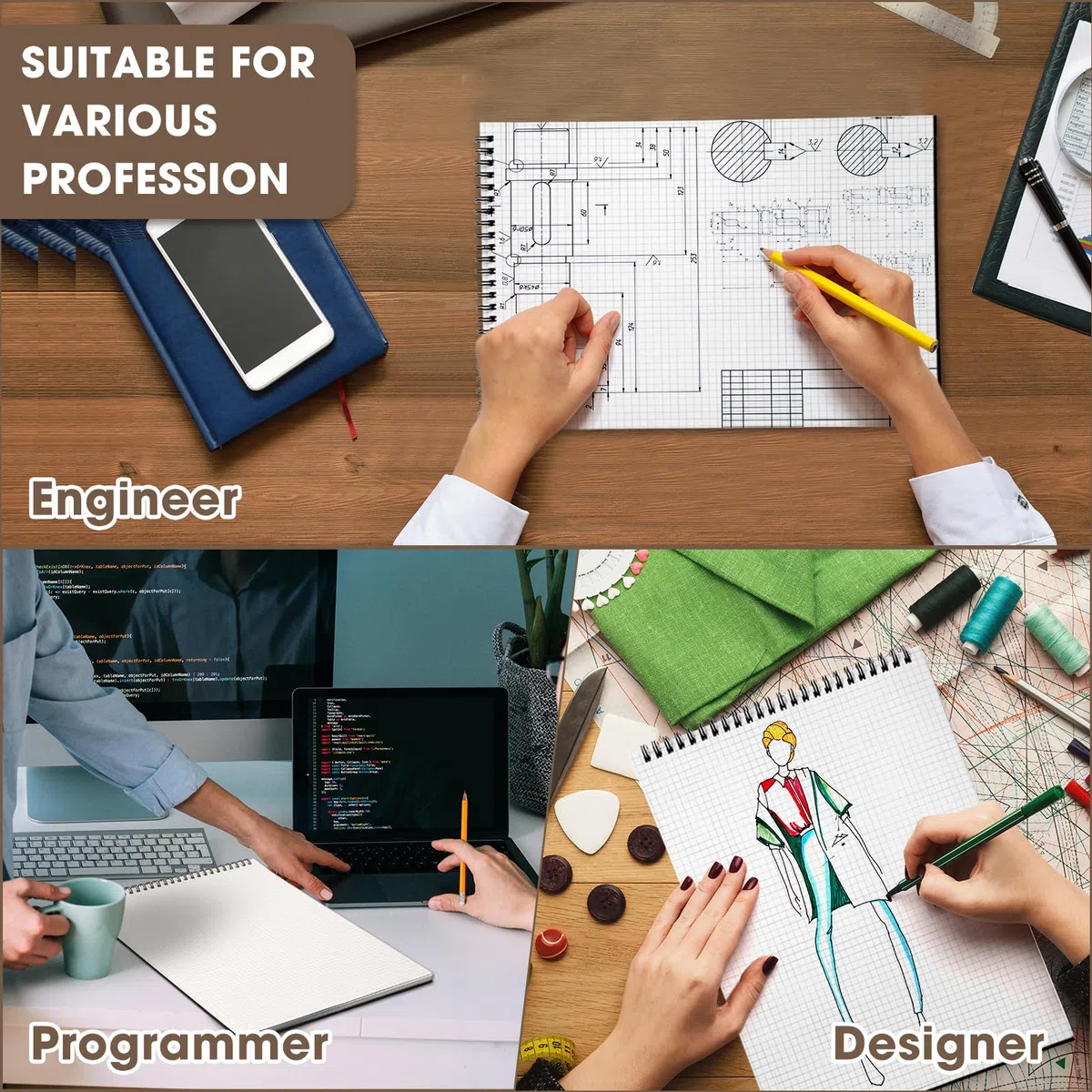 Engrowtic Paquete de 6 cuadernos de papel gráfico en espiral superior de 8.7 x 11.4 pulgadas, bloc de notas de papel cuadriculado A4, 70 hojas, bloc de notas para ingeniería, escritura, bocetos