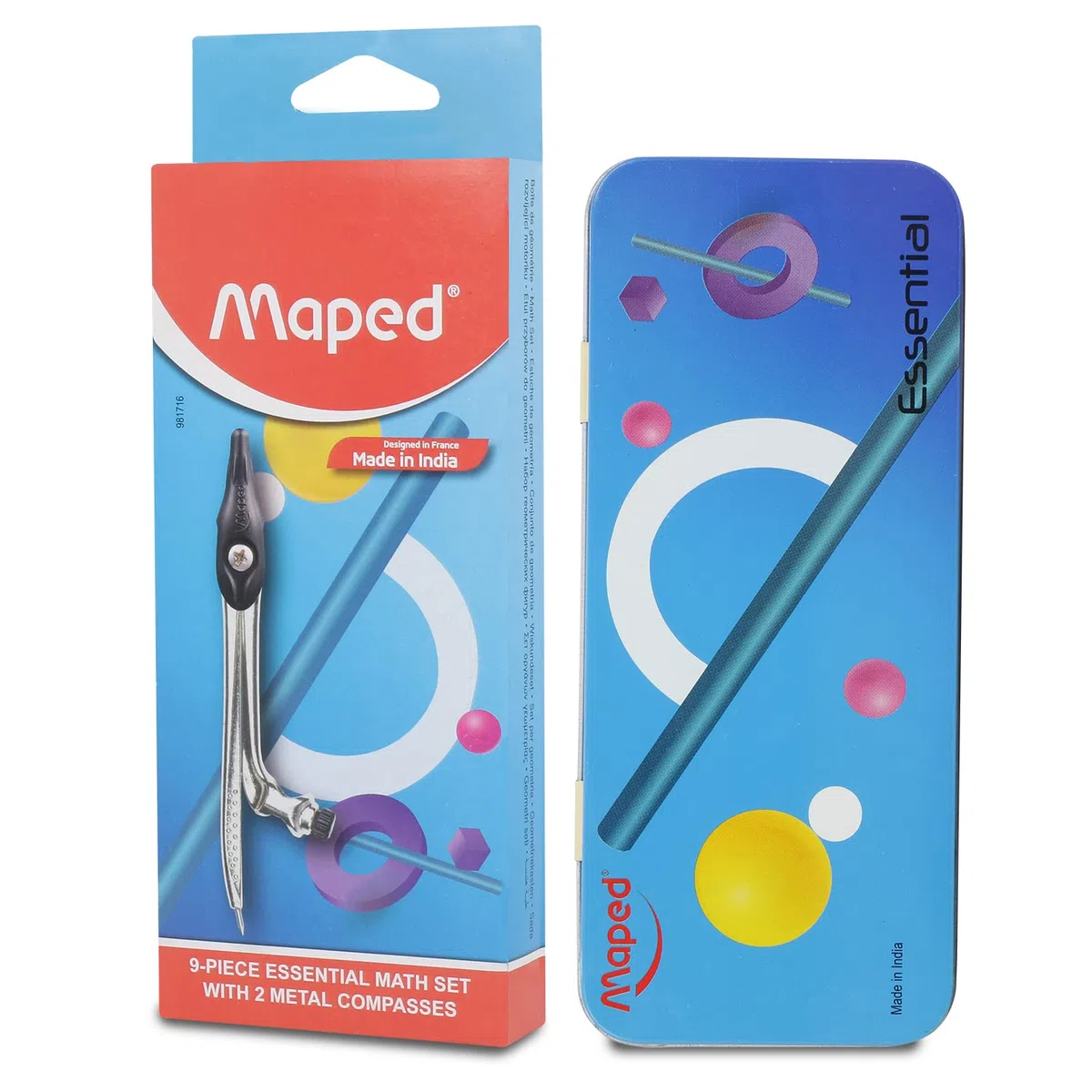 Maped Kit de papelería escolar, 20 piezas, caja geométrica de alta calidad, juego de 9 piezas con 10 lápices oscuros, kit esencial de papelería escolar, productos de alta calidad con experiencia de