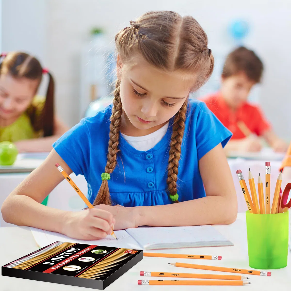 V-Opitos Lápices HB #2 con carcasa de madera, paquete de 50 lápices preafilados con borradores superiores, lápices amarillos a granel para suministros de profesores escolares, escritura, dibujo y