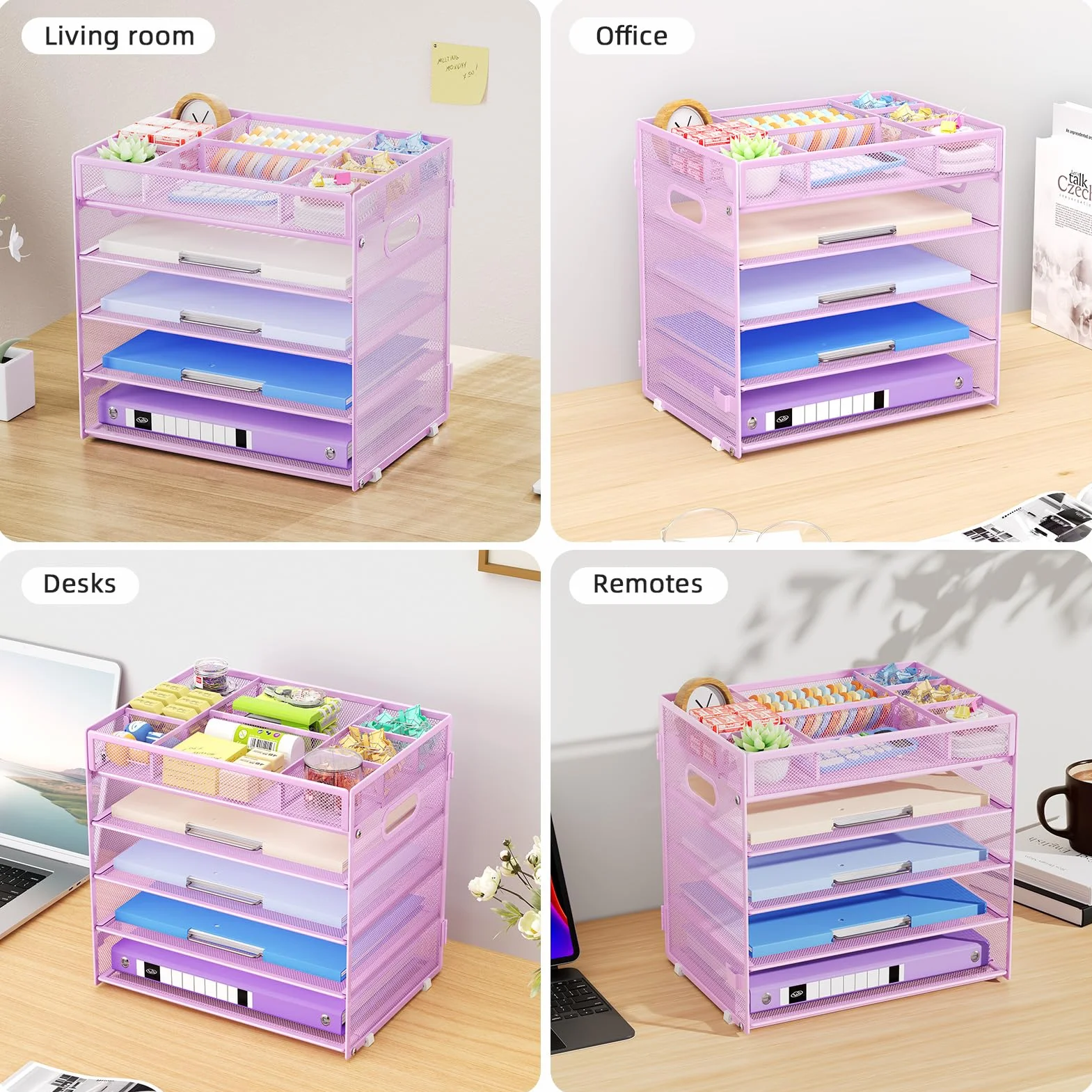 Marbrasse Organizador de Escritorio de Malla 5 Niveles, Bandeja para Papeles con Compartimentos Ajustables y Asa, Morado