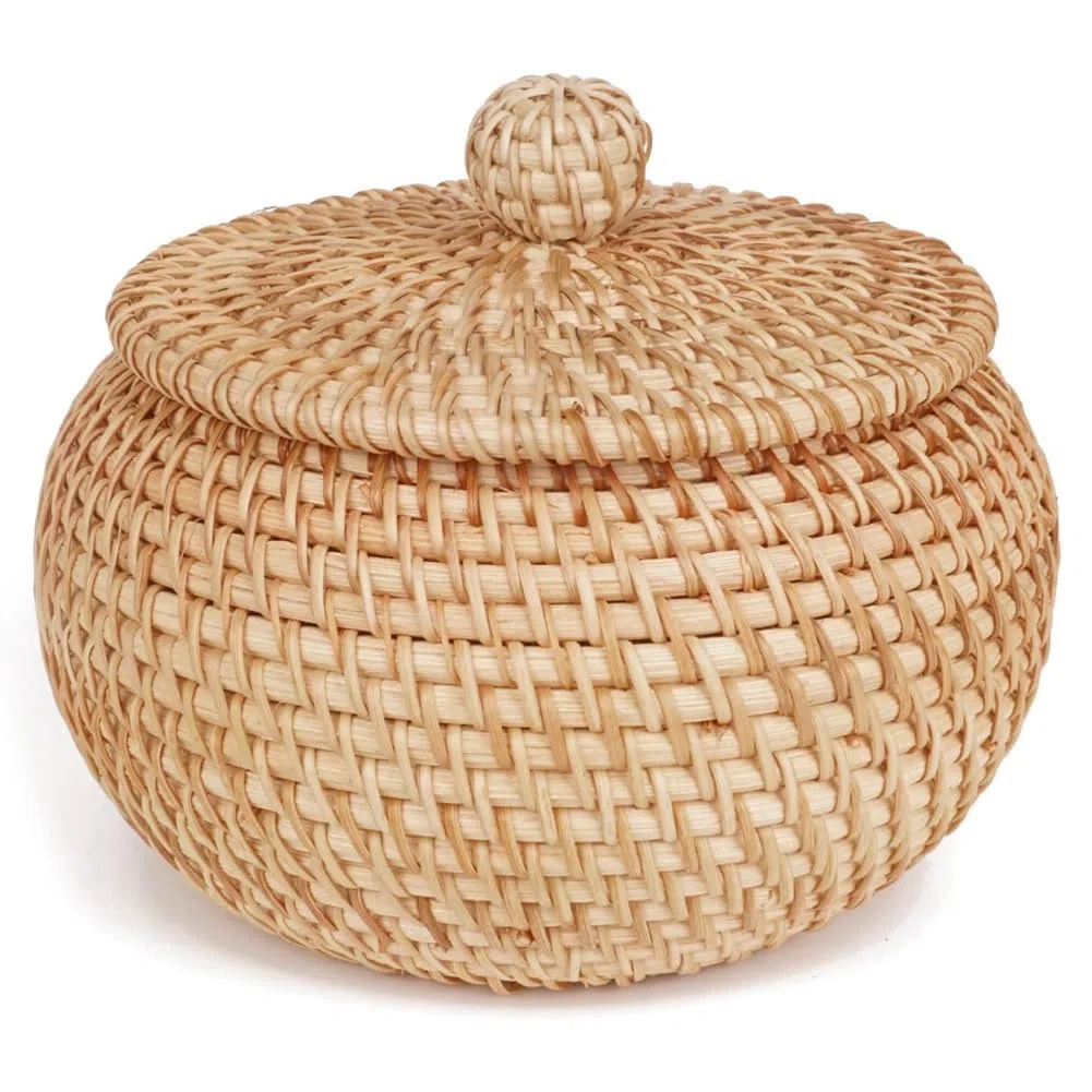 Cesta redonda de ratán con tapa, cesta de almacenamiento de ratán, para caramelos, agujas e hilo, llaves, monedas y objetos pequeños, organizador de joyas, cesta de aperitivos, organizador de