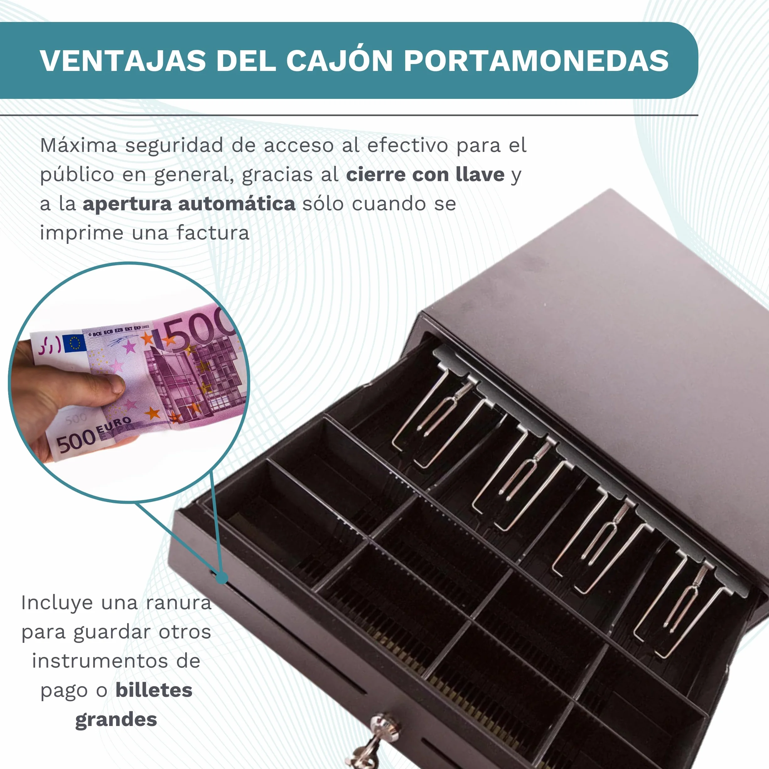 Cajón Portamonedas Caja Registradora Metálico 41x42x11cm Negro Apertura Automática RJ11 Manual con Llaves 4 Compartimentos Billetes 8 Monedas