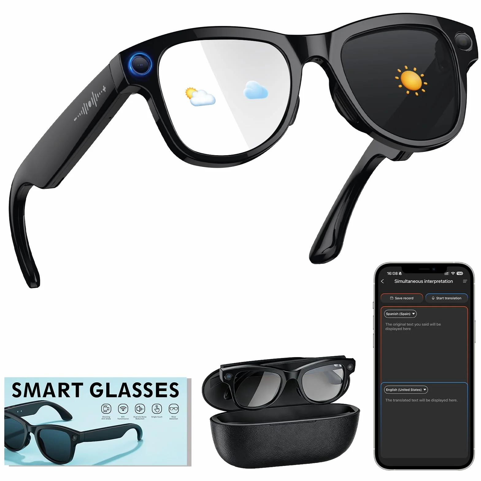 Gafas con Camara, Gafas Inteligentes con 8MP Camara de 4K Video y Audio, Traductoras de Idiomas IA Gafas Bluetooth con Estuche de Carga, Fotocromáticas, Control Táctil y Asistente de Voz