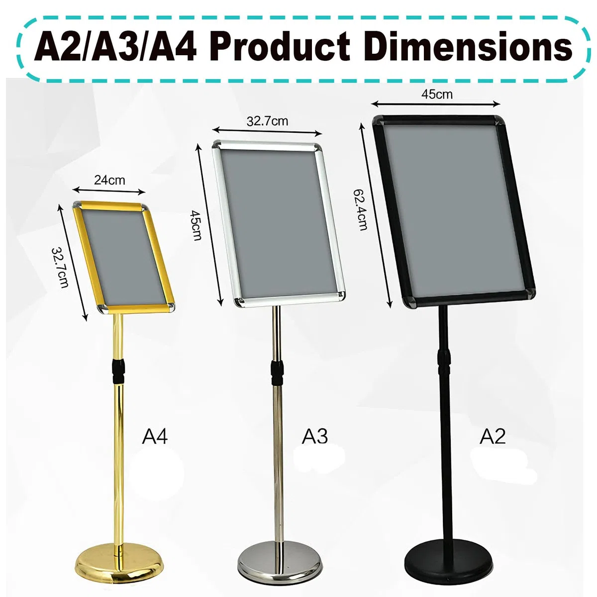 Soporte para carteles A4 exhibición publicitaria de pie oficina comercial ajustable con base estable A3 Silver Rounded-corner style