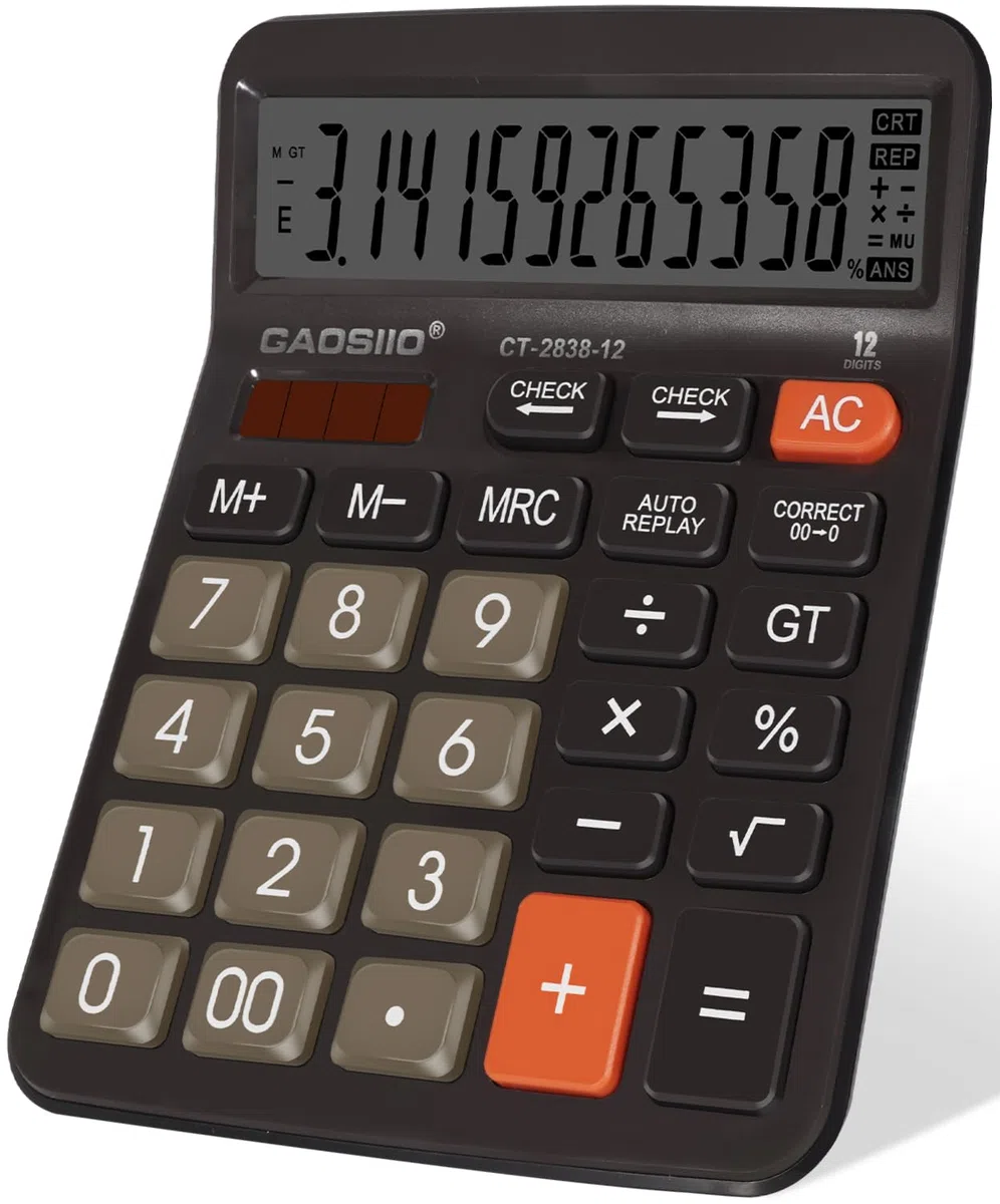 Calculadora de escritorio extra grande de 5 pulgadas, pantalla LCD de 12 dígitos, energía solar y batería, botón grande, función estándar para negocios, oficina, escuela (negro)