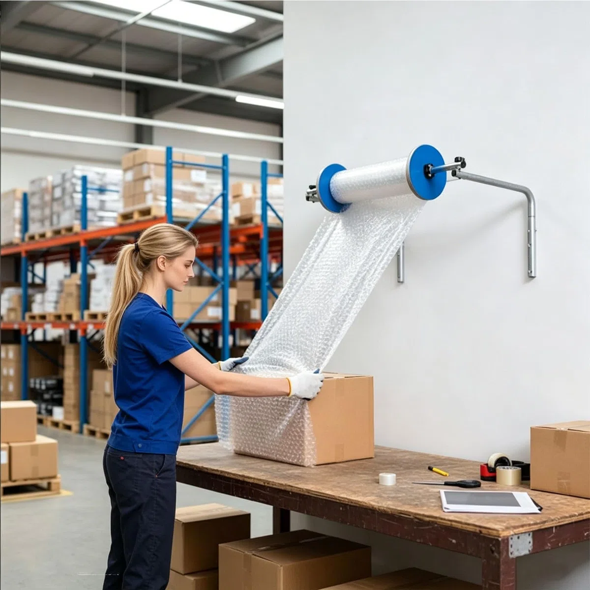 Dispensador de rollos de espuma de montaje en pared, soporte de amortiguación de burbujas para embalaje y envío, construcción de acero duradero para uso en almacén y fábrica