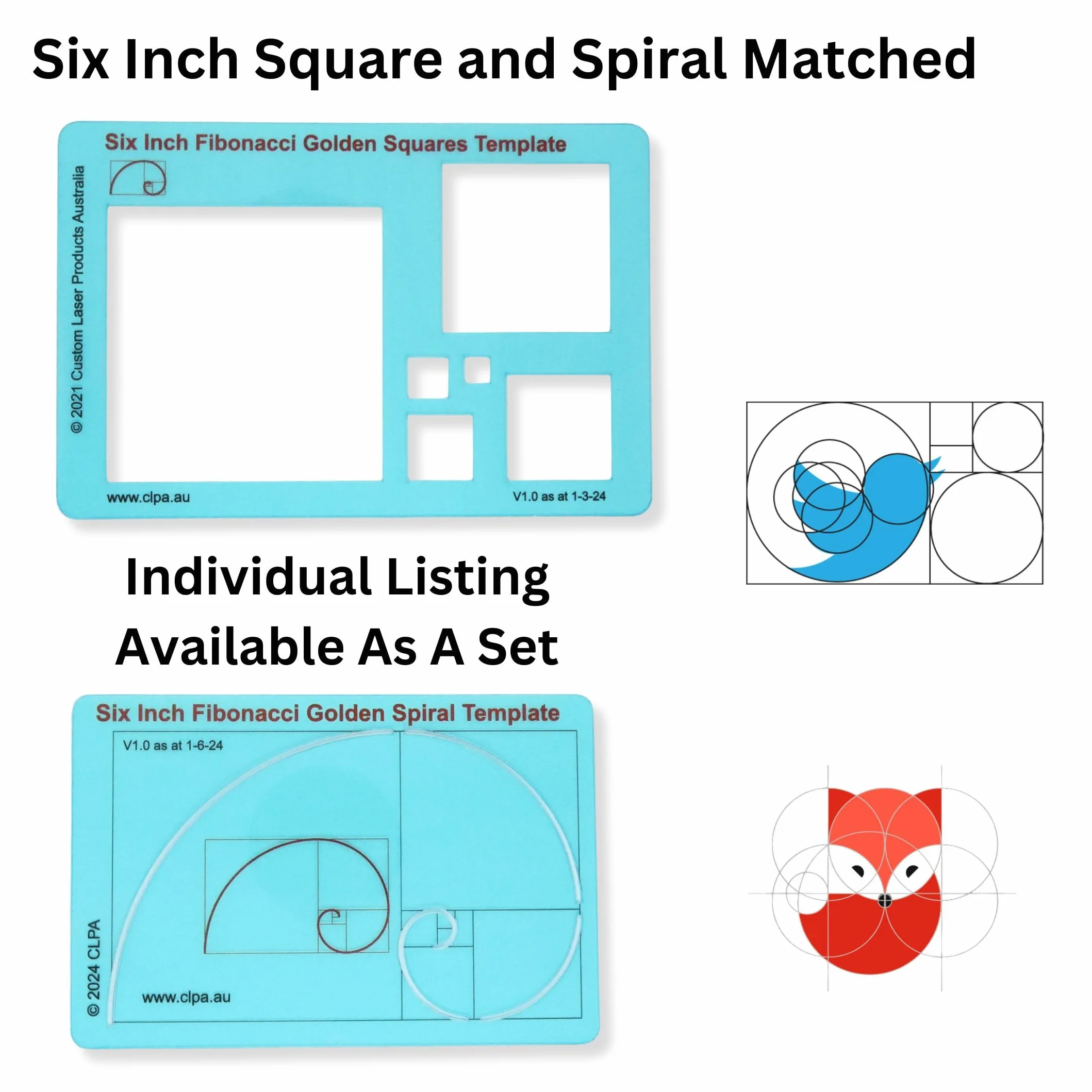 Plantilla de espiral de Fibonacci CLPA de 6" — Herramienta de proporción áurea para dibujo, arte y acolchado | PETG transparente
