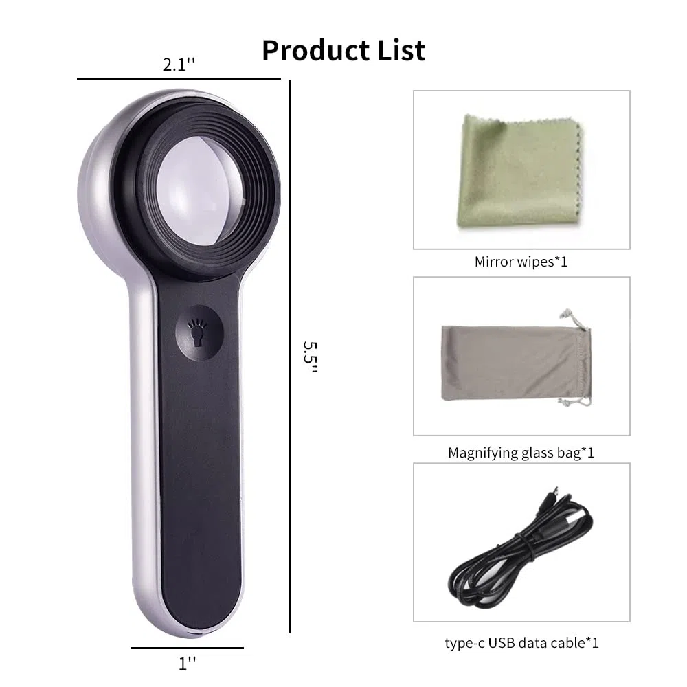 Lupa recargable iluminada de 60x con lentes de doble revestimiento, iluminación LED/UV, diseñada para la restauración de la identificación de joyas, trabajo cercano, reparación, jardinería, sellos,