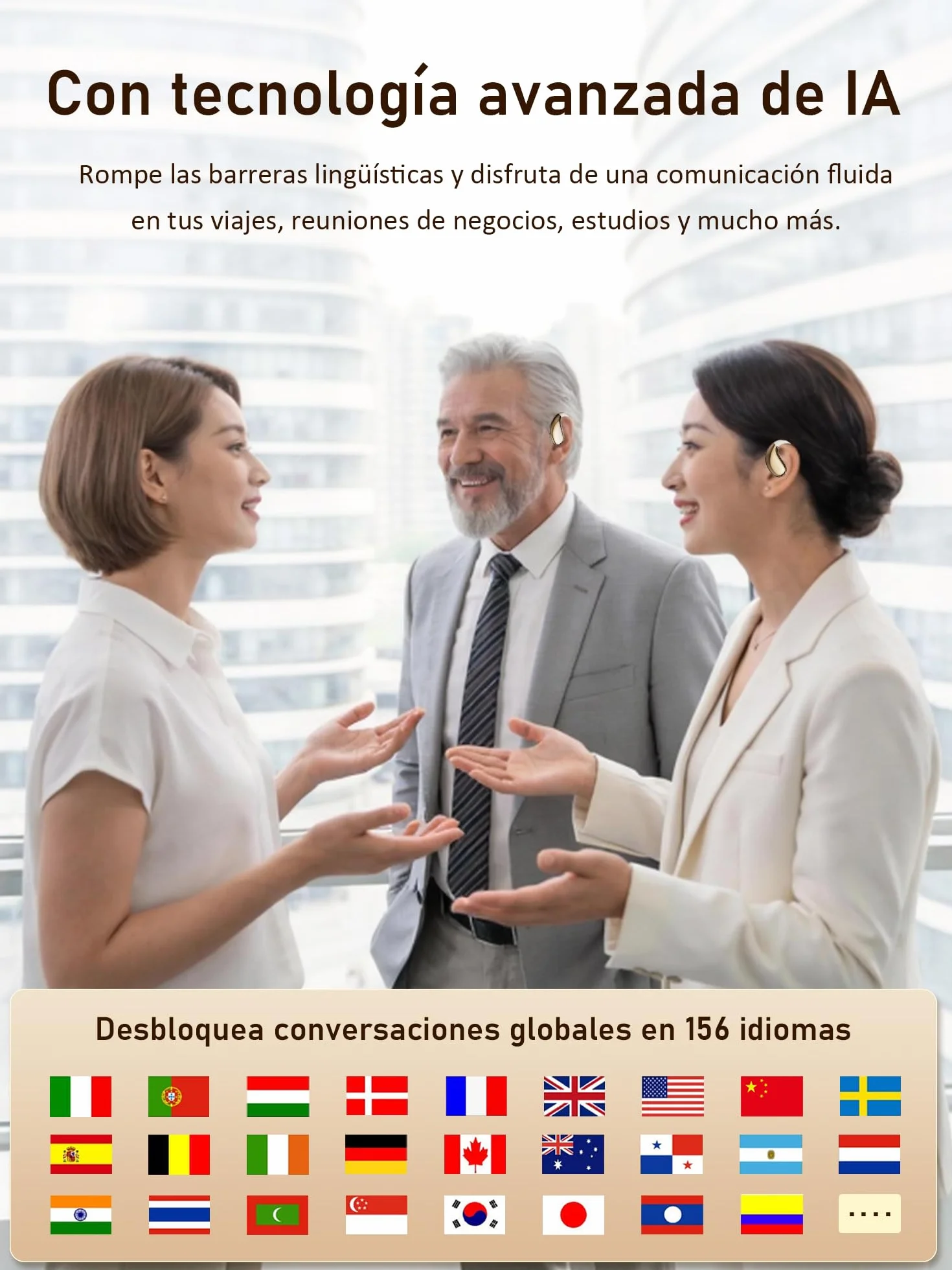 AI Auriculares Traductor en Tiempo Real: Open Ear Traductor Instantaneo de Voz Auriculares Traductores 6 Modos Traducción 156 Idiomas - Auriculares Inalambricos Bluetooth 6.0 para Viajes Negocios
