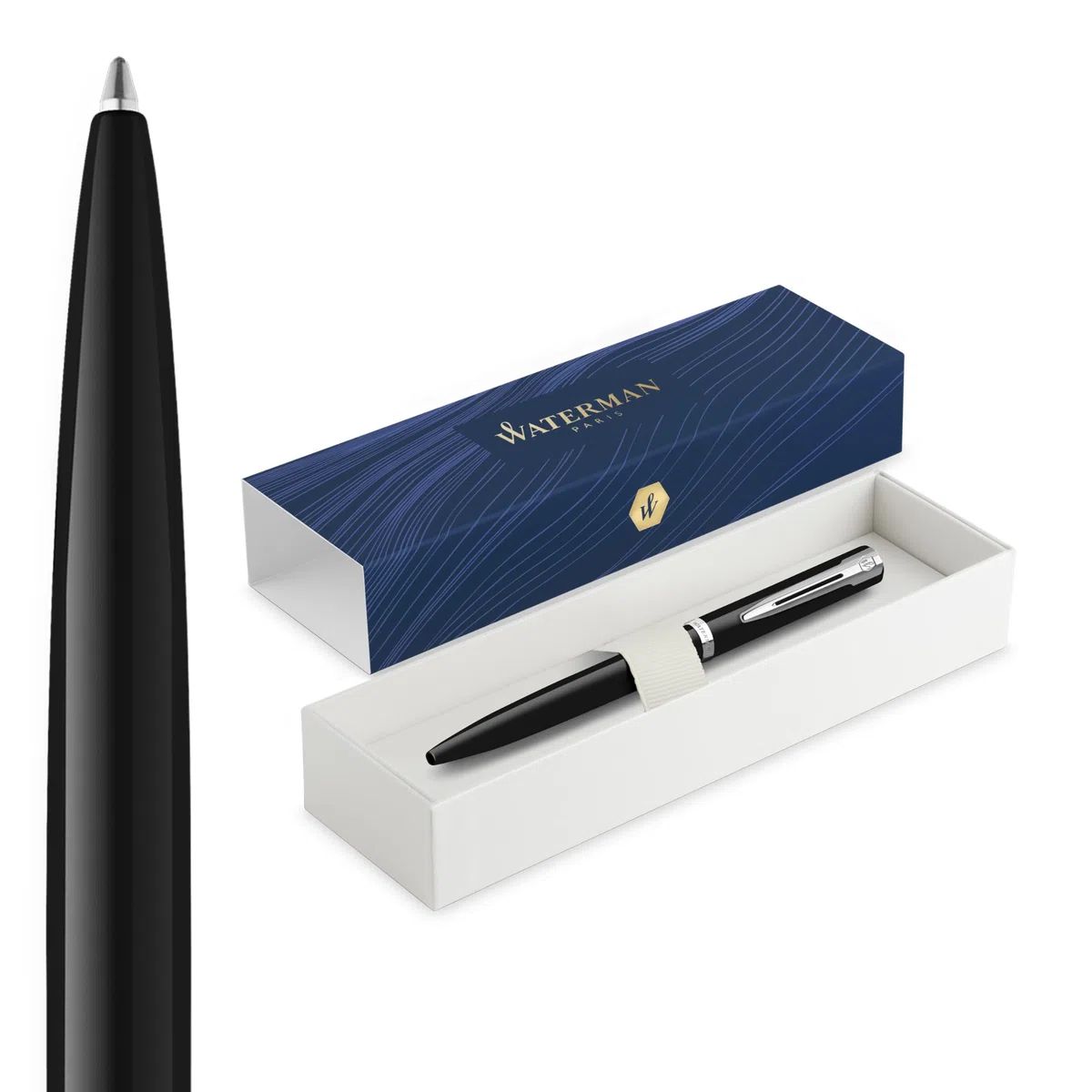 Waterman Impression Bolígrafo | Punta media con recarga de tinta azul | Laca negra con adornos chapados en paladio | Caja de regalo