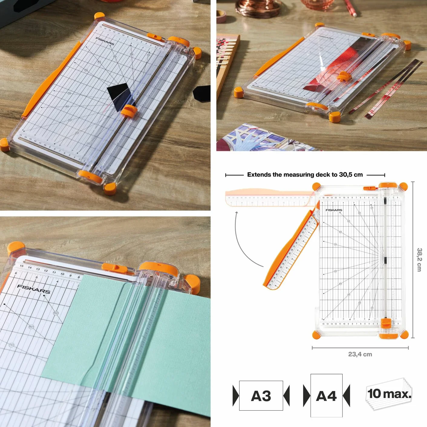 Fiskars SureCut Cortadora de papel, A4, Base ancha, Cortadora de papel con guía de línea de corte, Blanco/Naranja, 1077980.