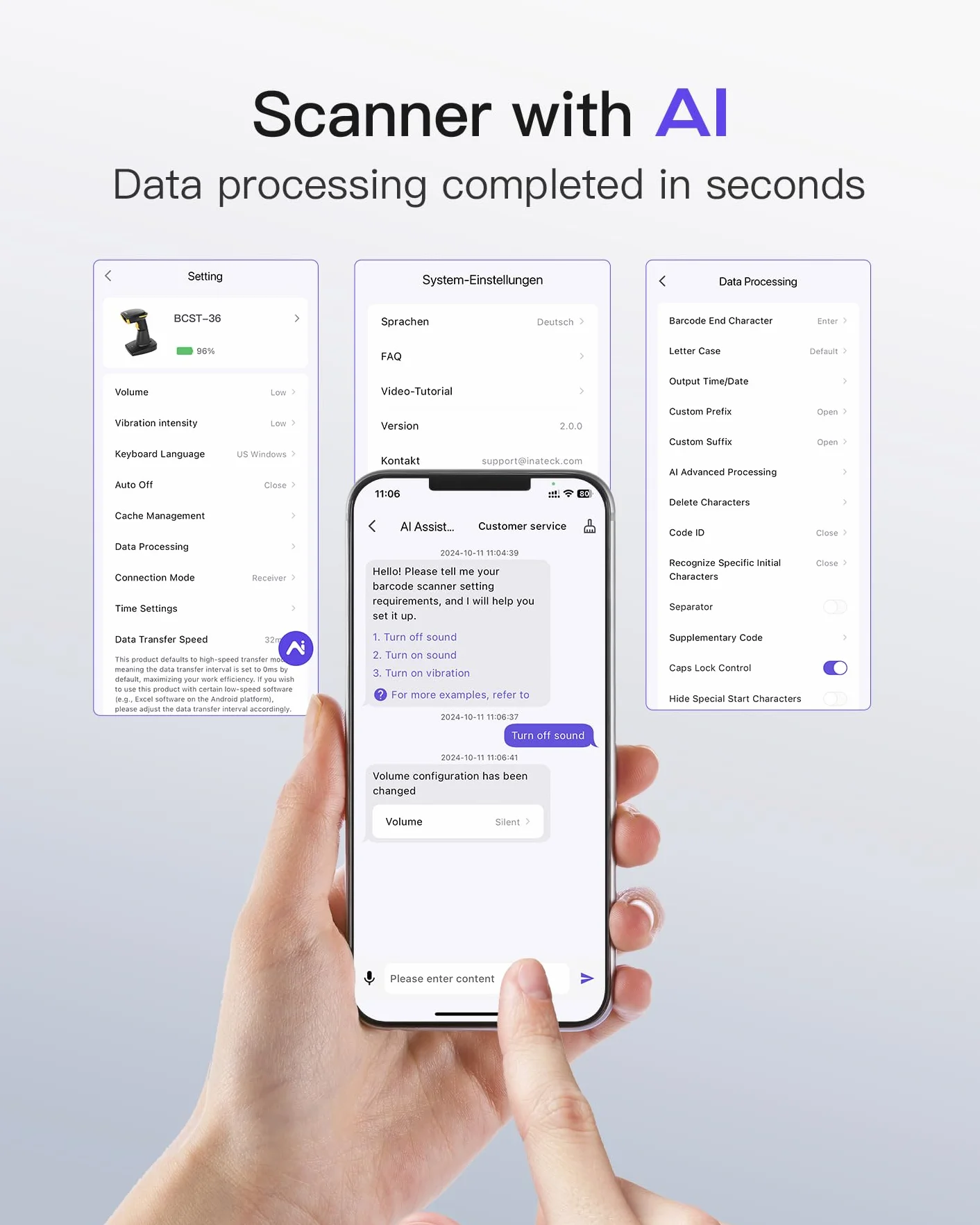 Inateck Escáner de Códigos de Barras Bluetooth 2D, Escáner QR Code 2D Inalámbrico con Batería de 2600 mAh y Base de Carga Inteligente, Escáner Portátil Compatible con AI, App, SDK, BCST-36