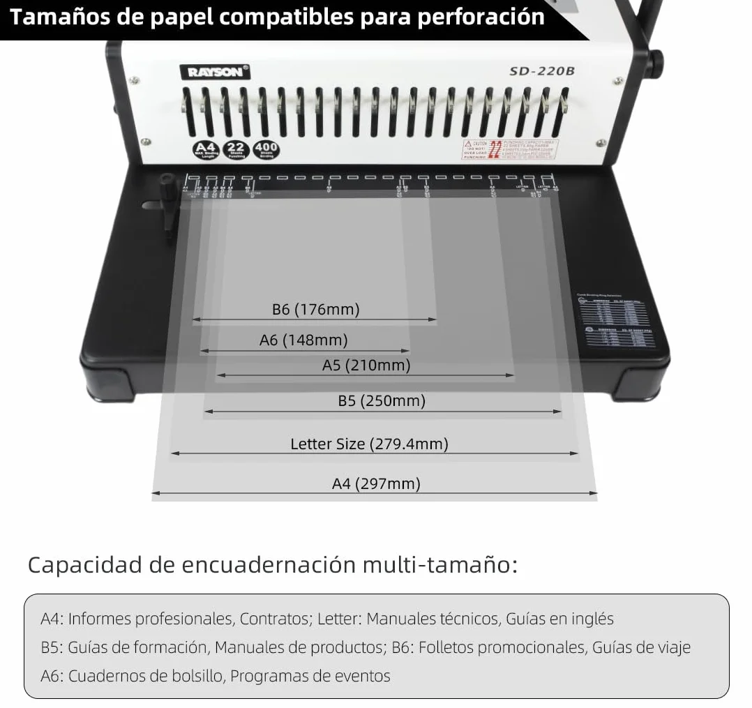 RAYSON Máquina de Encuadernación, Perfora 22 Hojas, Hasta 400 Hojas, SD-220B
