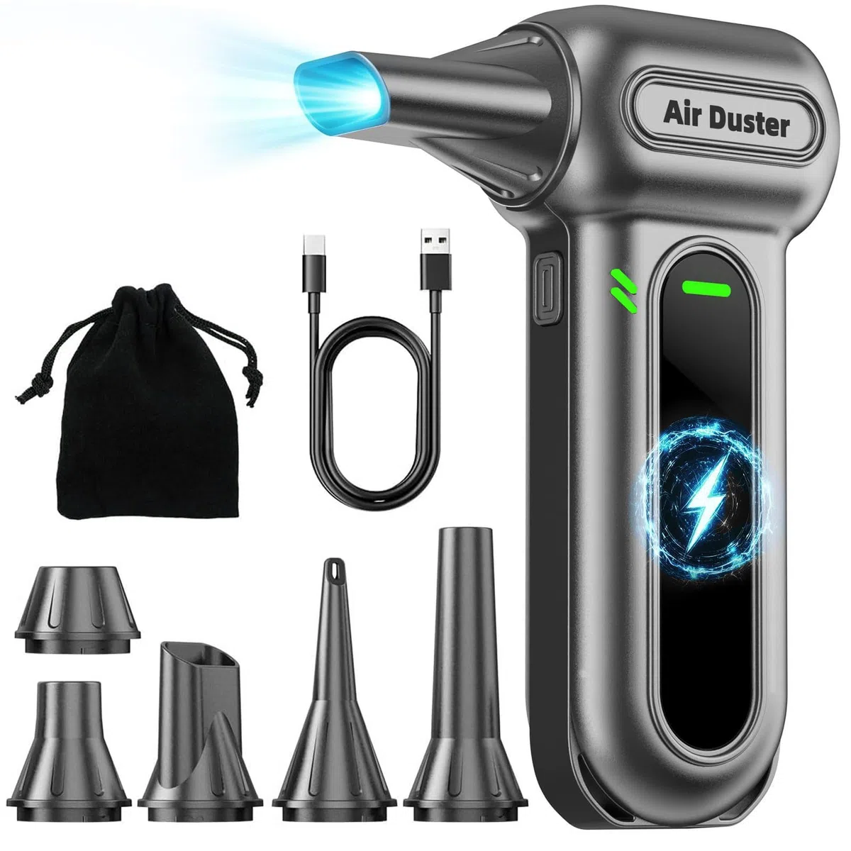 Herramientas de limpieza de plumero de aire eléctrico, 150000 rpm, plumero de aire inalámbrico súper potente, motor recargable sin escobillas, soplador duradero, soplador de polvo ajustable de 3