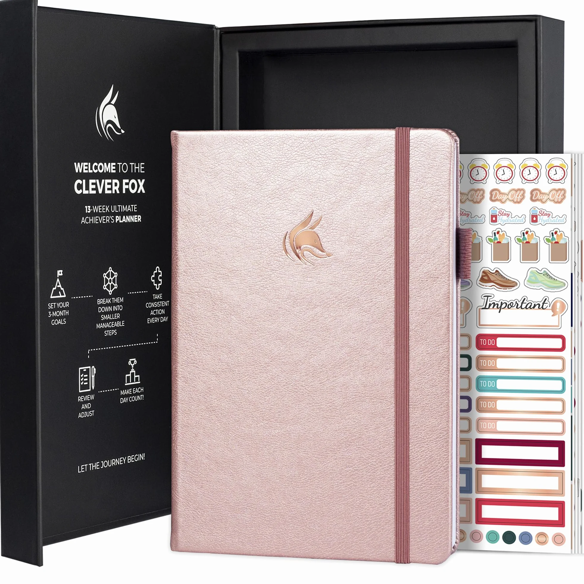 Clever Fox Ultimate Achiever's Goal Planner - Agenda de 90 días de enfoque y productividad. Organizador diario semanal mensual y cuaderno de horario por hora, sin fecha, tapa dura, tamaño A5, oro rosa