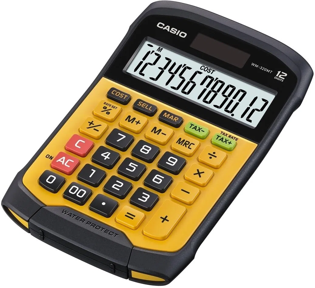 Casio WM-320MT - Calculadora básica (12 dígitos, resistente a polvo), color amarillo y negro