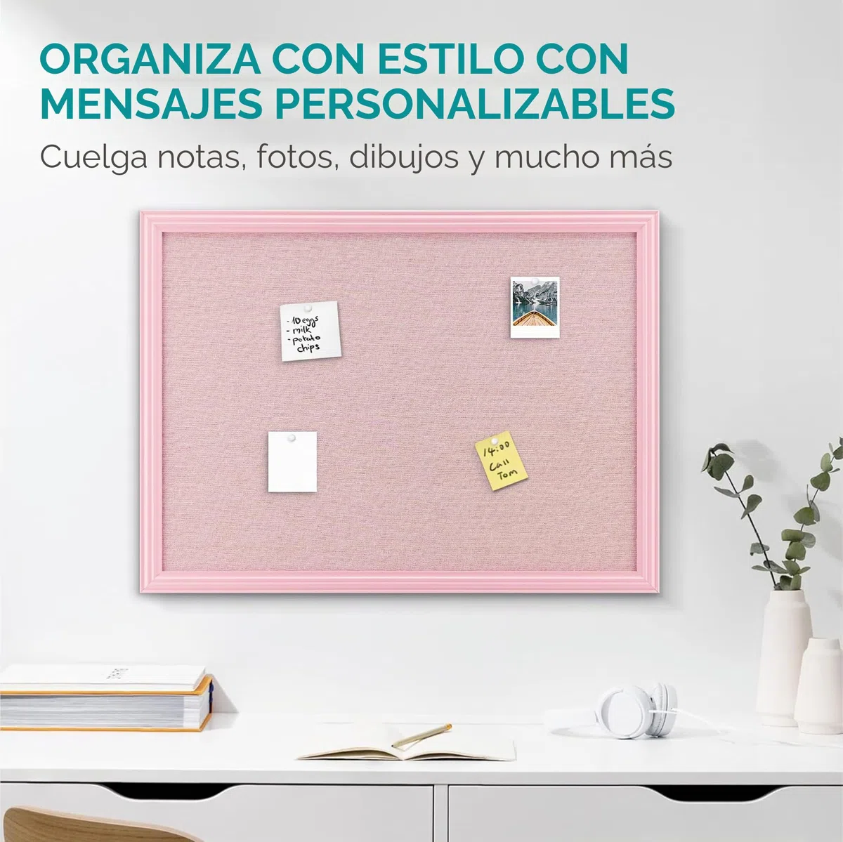 Navaris Tablero colgante rosa para fotos - Cartelera de pared de felpa para colgar joyas y notas - Con 6x chincheta y marco de MDF - 58 x 43 cm