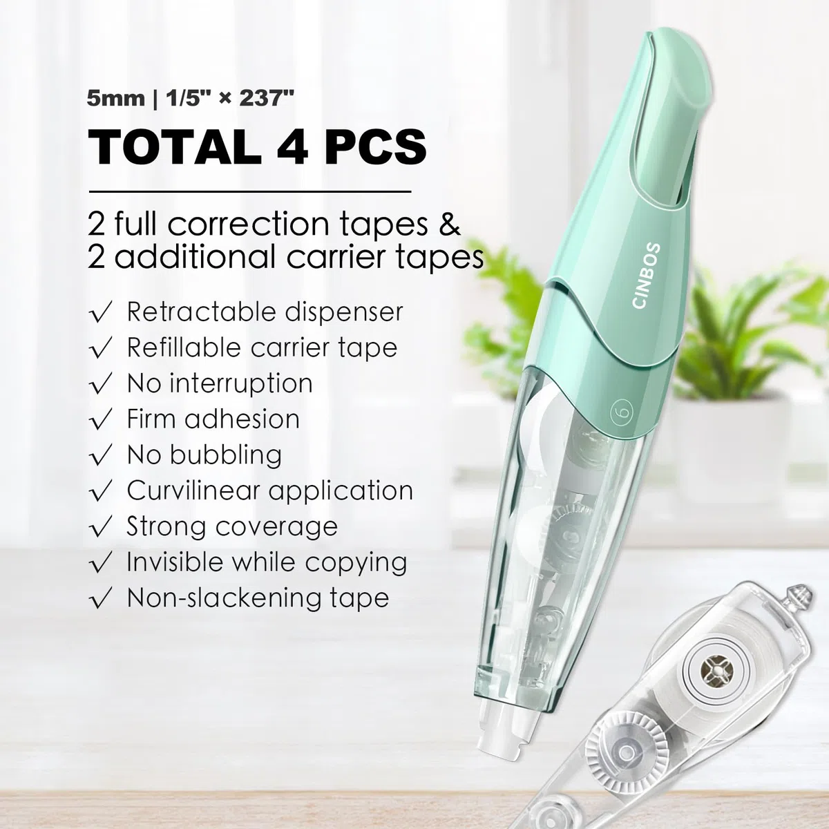Cinta correctora retráctil recargable, cinta blanca con 2 recambios adicionales, bonito blanco para suministros de oficina, 4 unidades (CS-25)