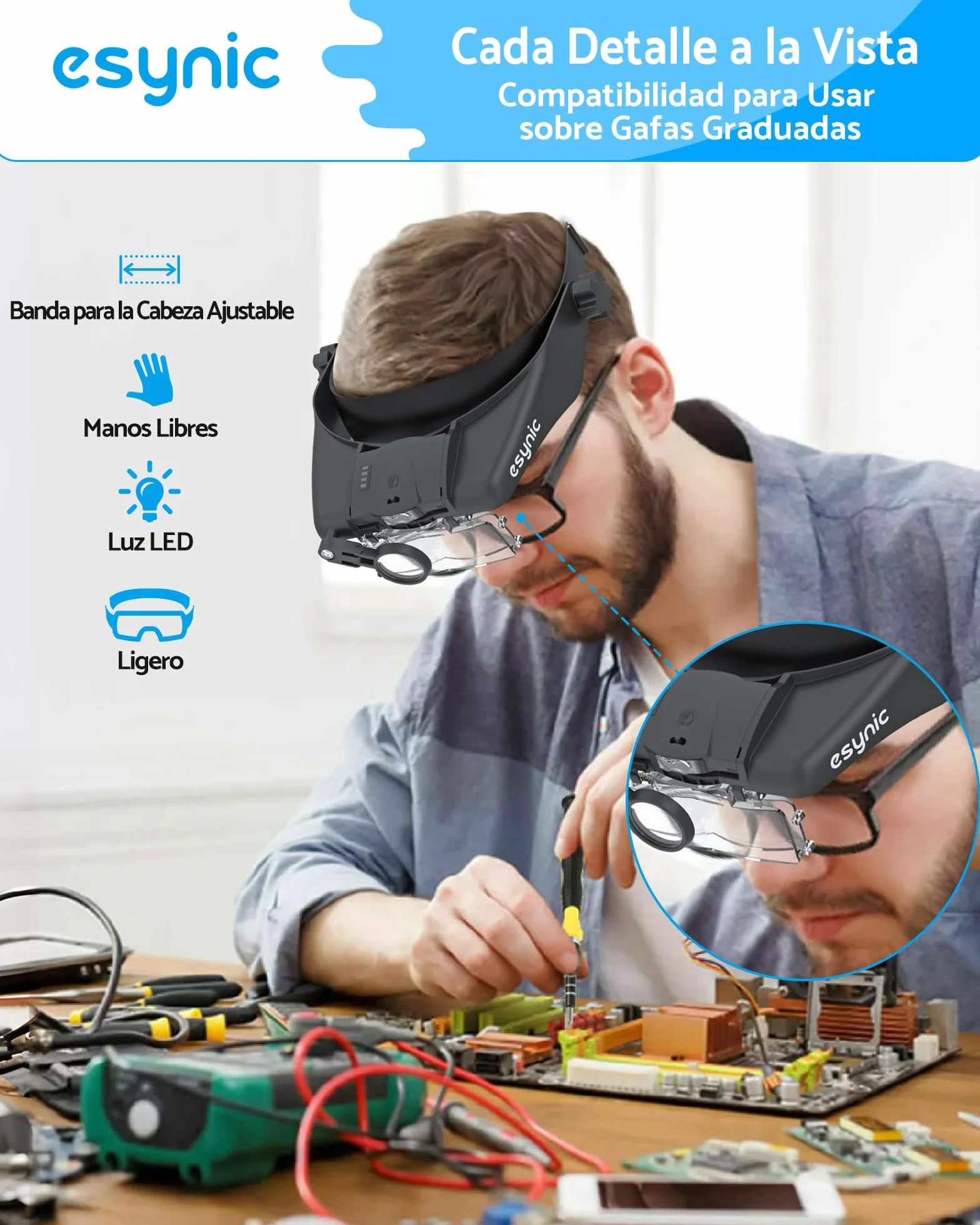 eSynic Gafas de Lupa Recargable con Luz Lupas de Gran Aumento 1.5X-13X con 5 Lentes Ajustable Gafas de Aumento Lupa con Control Táctil e Indicador de Batería para Manualidades,Leer,Coser,Joyería