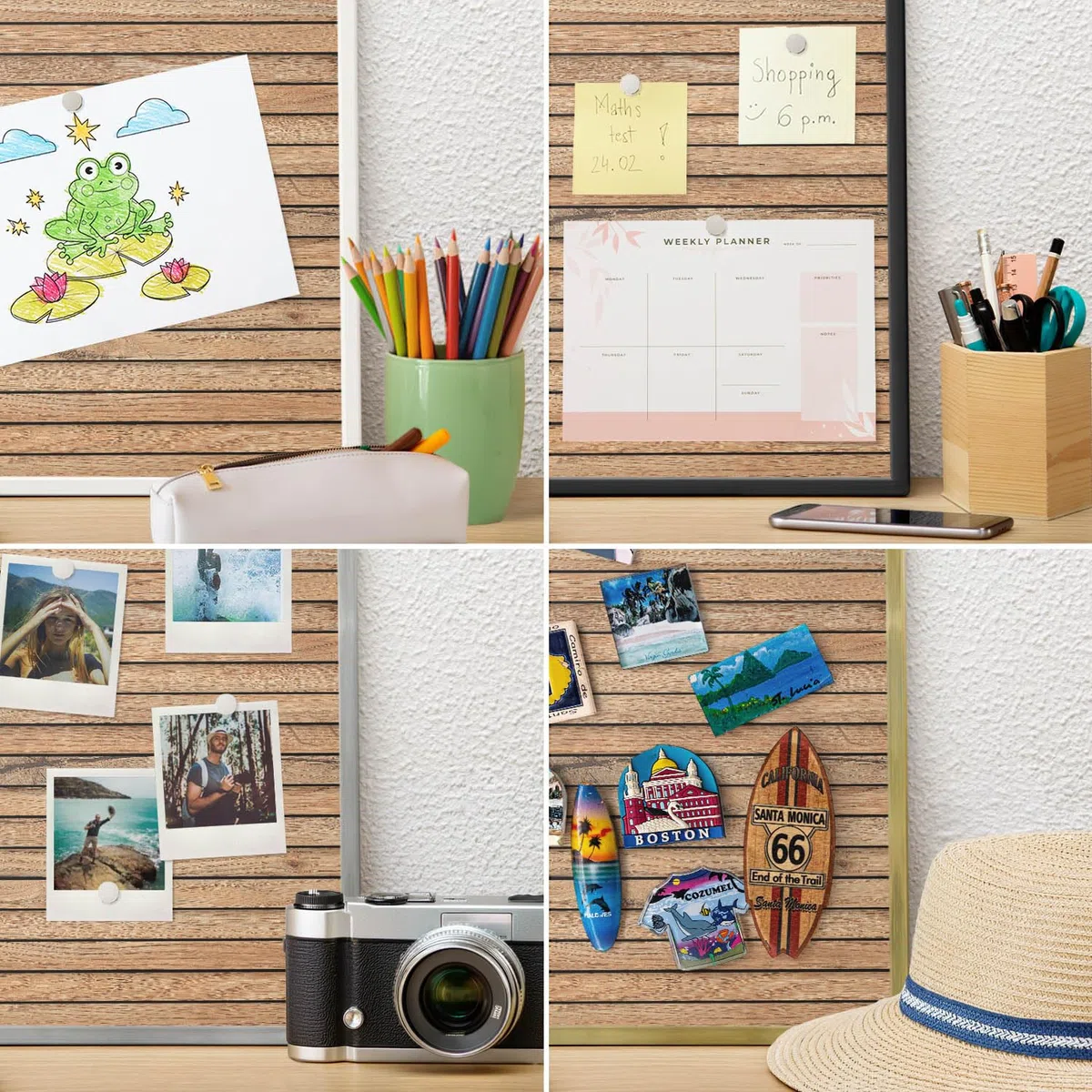 Pizarra Magnética de Pared 60x40 cm | con Marco Negro | Tablas De Madera | Montaje Fácil | Tablero Imantado | Para Imanes Turísticos, Recuerdos de Viaje y Fotos