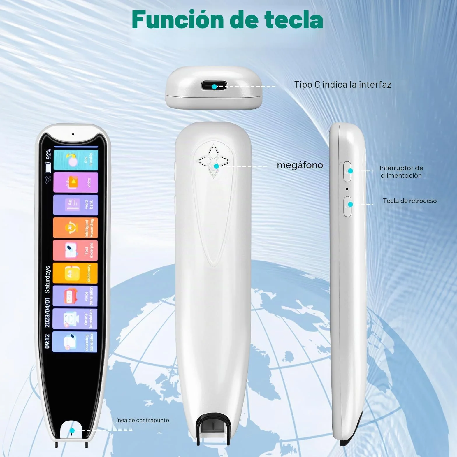 Lápiz de traductor de escaneo, 142 idiomas en línea, lector de escaneo con pantalla táctil de 3,7 pulgadas, lápiz de lectura en tiempo real para dislexia (blanco)