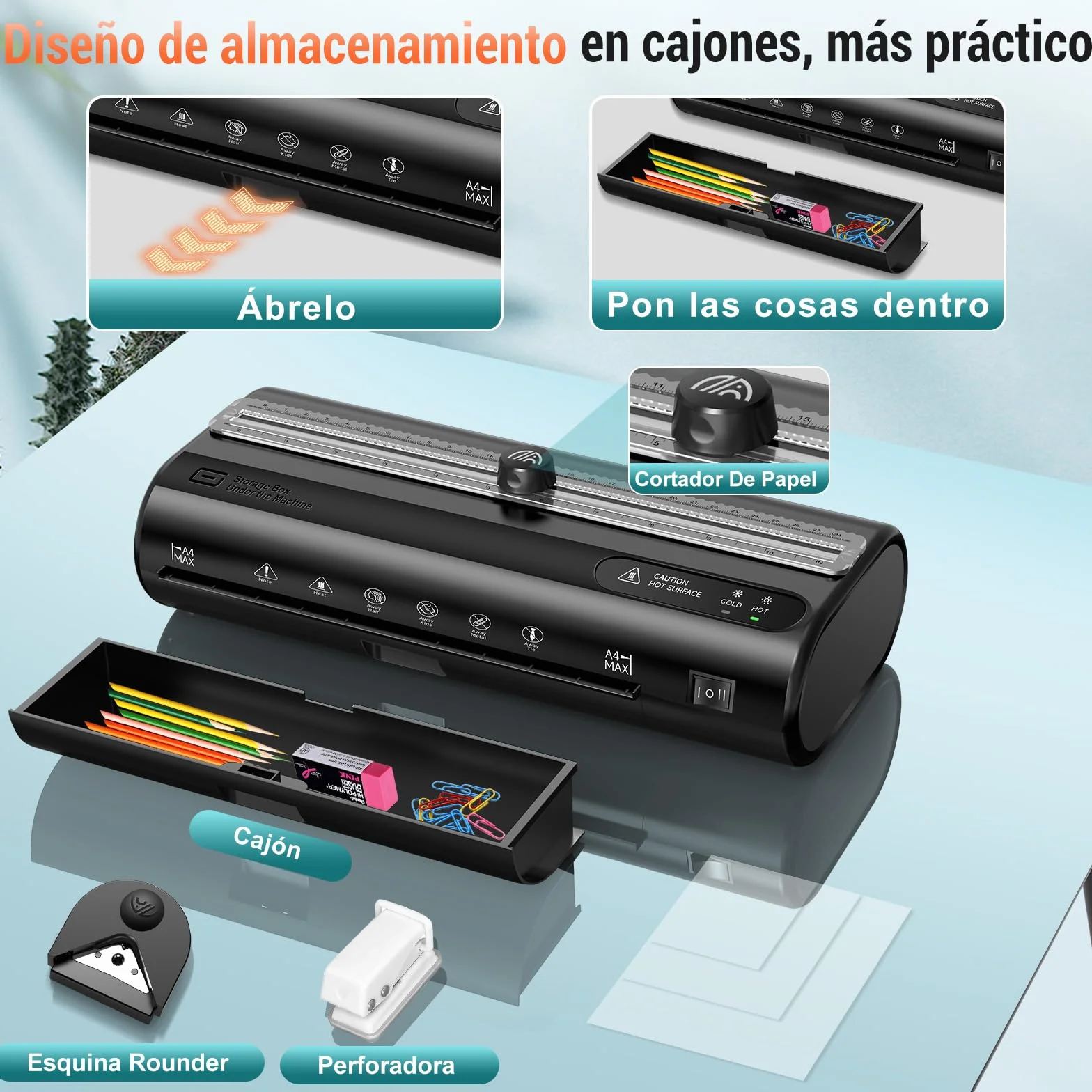 Plastificadora A4 Laminadora con 50 Bolsas Plastificación Frío Caliente Almacenamiento Recortadora Perforadora