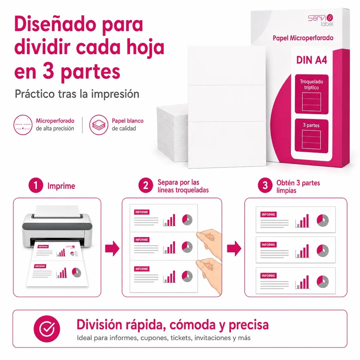 Pack 1000 Papel Microperforado DIN A4 | 3 Partes Troqueladas | Corte por la Mitad | Para Impresión de Albaranes Recibos Facturas y Documentos