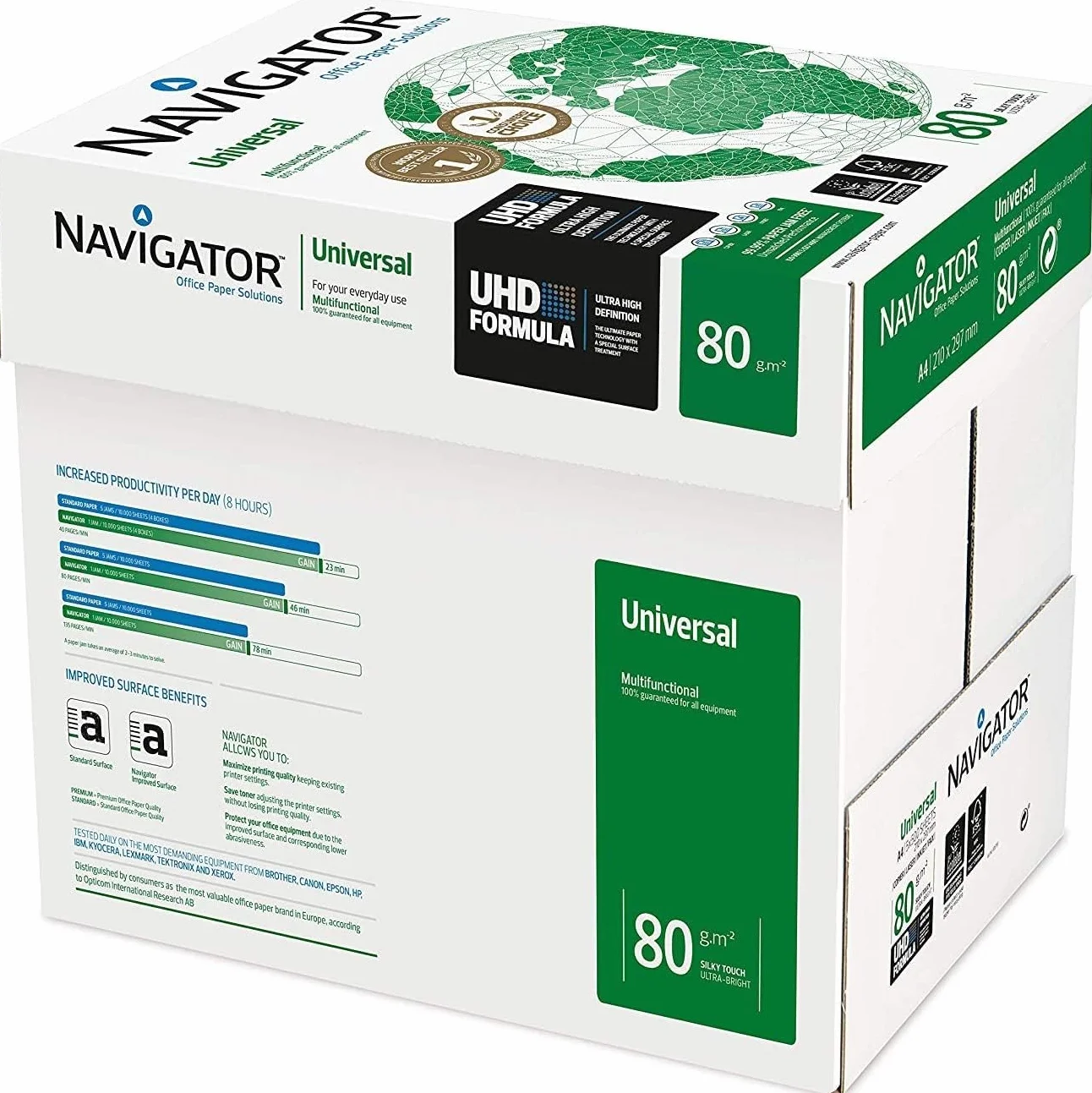 CASTERLI Universal Navigator Papel multiusos para impresoras color blanco (1 CAJA 2500 HOJAS, A4 80 GRAMOS+1 RESALTADOR CASTERLI) (1 CAJA 2500 HOJAS, A4 80 GRAMOS)