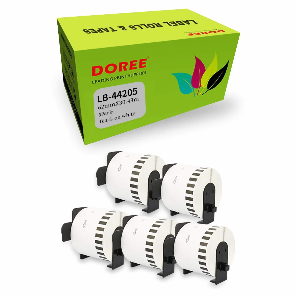 DOREE 5 Rollos DK-44205 Removible continua etiquetas, 62 mm x 30,48 m,compatible con Brother QL-500BW, QL-570, QL-580, QL-710W, QL-800, 810W, 820NWB, QL-1050, QL-1100, QL-1110NWB