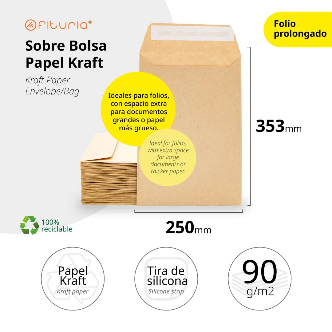 Sobres de Papel Kraft, Sobres para Documentos, Regalos, Invitaciones Boda y Envíos, Bolsas de Papel Resistentes, Versátiles para Todas las Ocasiones, Folio Prolongado - Ofituria (250x353, 50 uds)